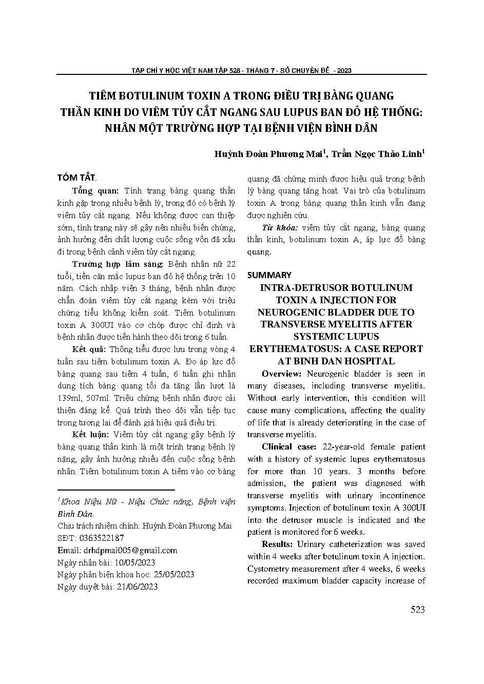 Tiêm botulinum toxin A trong điều trị bàng quang thần kinh do viêm tủy cắt ngang sau lupus ban đỏ hệ thống: Nhân một trường hợp tại Bệnh viện Bình Dân