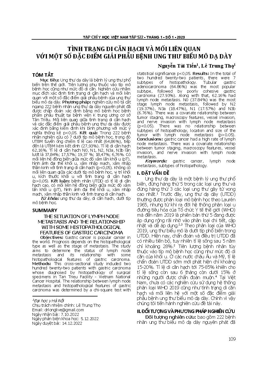 Tình trạng di căn hạch và mối liên quan với một số đặc điểm giải phẫu bệnh ung thư biểu mô dạ dày = The situation of lymph node metastasis and the relationship with some histopathological features of gastric carcinoma