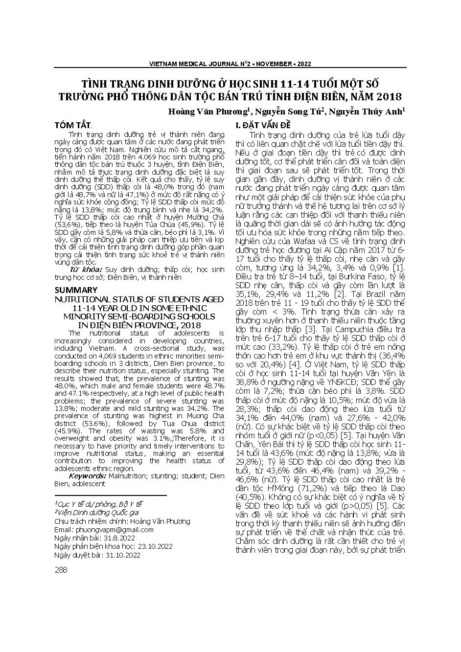 Tình trạng dinh dưỡng ở học sinh 11-14 tuổi một số trường phổ thông dân tộc bán trú tỉnh Điện Biên, năm 2018 = Nutritional status of students aged 11-14 year old in some ethnic minority semi-boarding schools in Điện Biên province, 2018