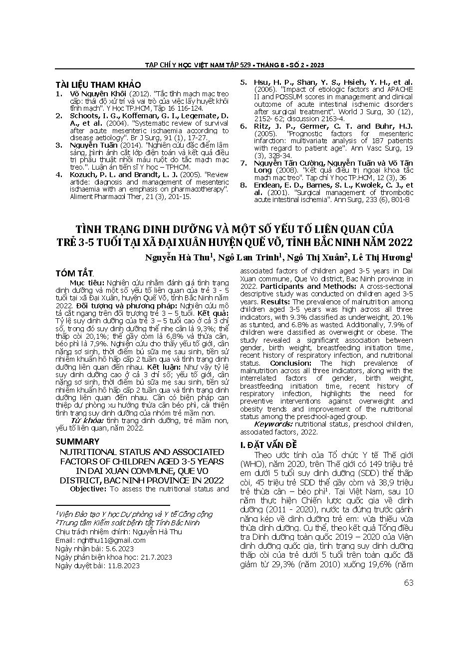 Tình trạng dinh dưỡng và một số yếu tố liên quan của trẻ 3-5 tuổi tại xã Đại Xuân huyện Quế Võ, tỉnh Bắc Ninh năm 2022