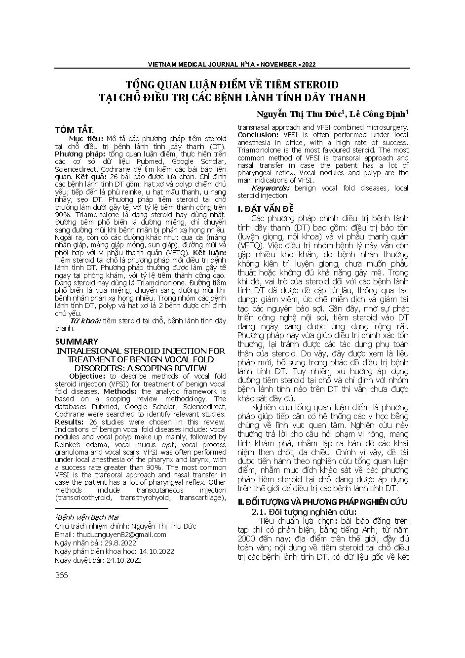 Tổng quan luận điểm về tiêm steroid tại chỗ điều trị các bệnh lành tính dây thanh = Intralesional steroid injection for treatment of benign vocal fold disorders: A scoping review