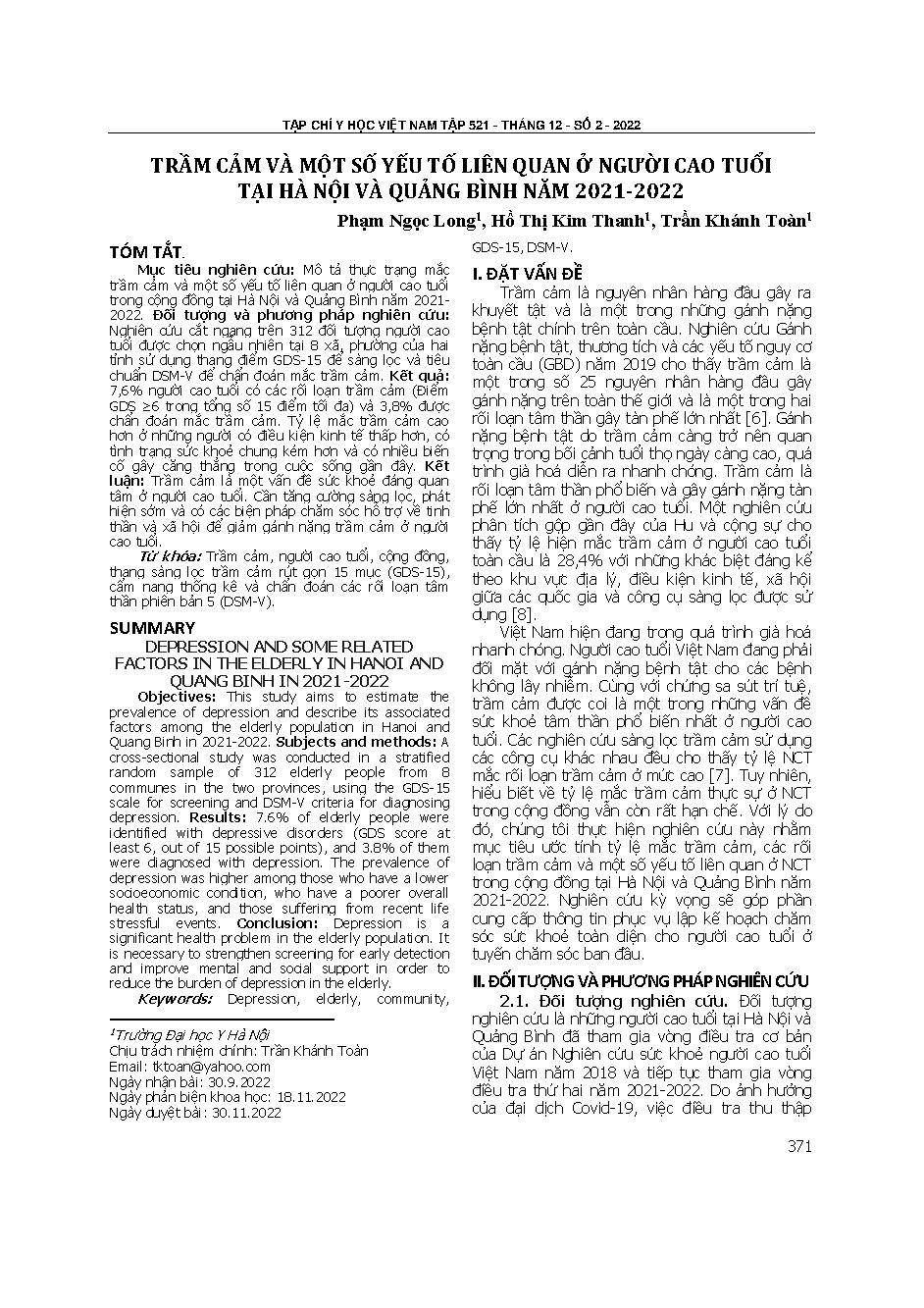 Trầm cảm và một số yếu tố liên quan ở người cao tuổi tại Hà Nội và Quảng Bình năm 2021-2022 = Depression and some related factors in the elderly in Ha Noi and Quang Binh in 2021-2022