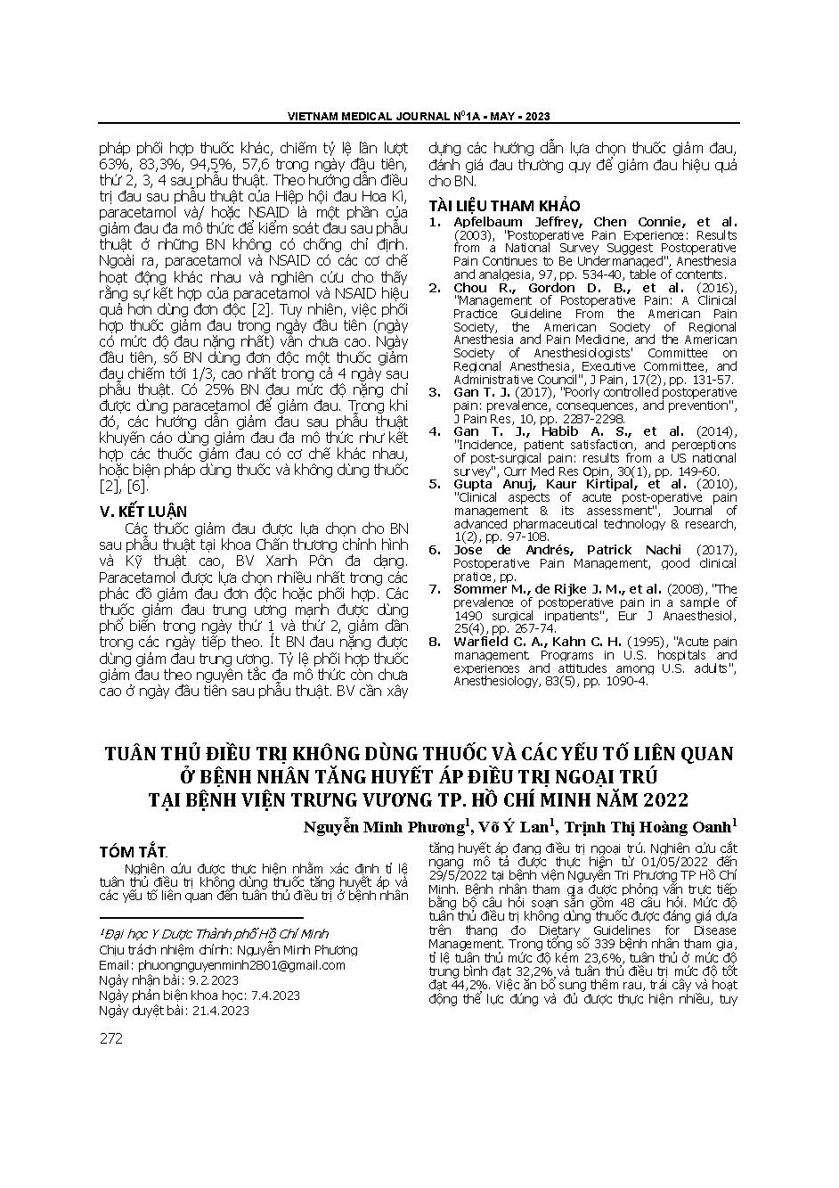 Tuân thủ điều trị không dùng thuốc và các yếu tố liên quan ở bệnh nhân tăng huyết áp điều trị ngoại trú tại Bệnh viện Trưng Vương thành phố Hồ Chí Minh năm 2022 = Adherence to non-pharmacological and related factors to hypertensive patients at Trung Vuong