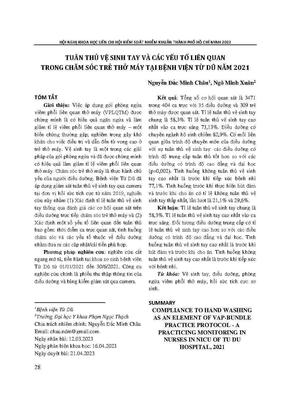 Tuân thủ vệ sinh tay và các yếu tố liên quan trong chăm sóc trẻ thở máy tại Bệnh viện Từ Dũ năm 2021