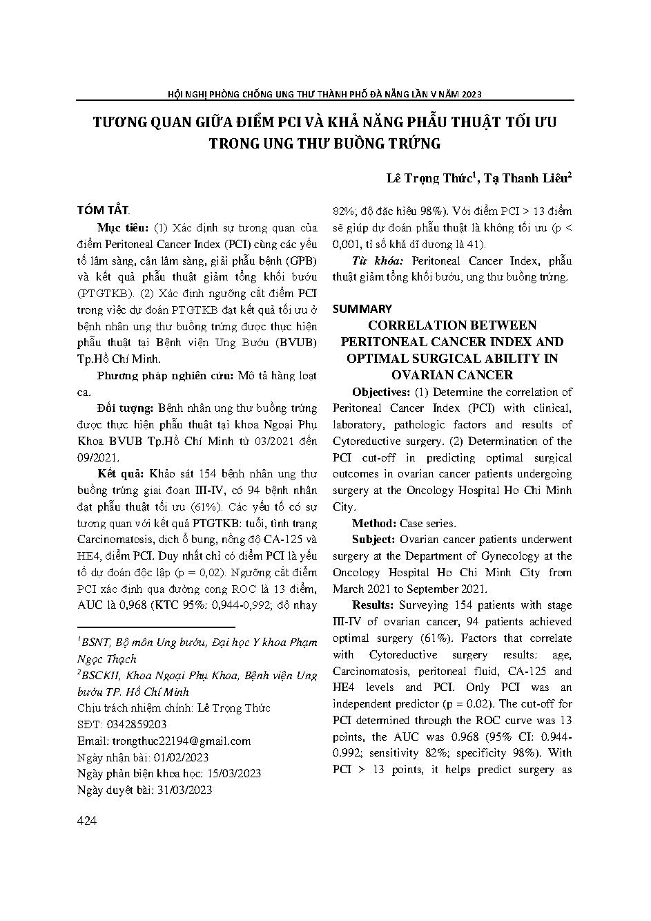 Tương quan giữa điểm pci và khả năng phẫu thuật tối ưu trong ung thư buồng trứng