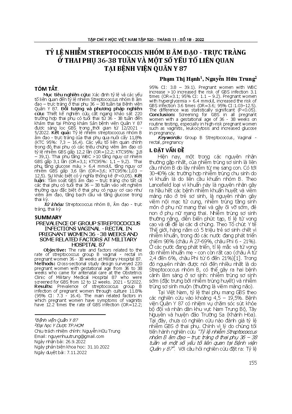 Tỷ lệ nhiễm streptococcus nhóm B âm đạo - trực tràng ở thai phụ 36-38 tuần và một số yếu tố liên quan tại Bệnh viện Quân y 87 = Prevalence of group streptococcus infections vaginal - rectal in pregnant women 36 - 38 weeks and some related factors at Milit