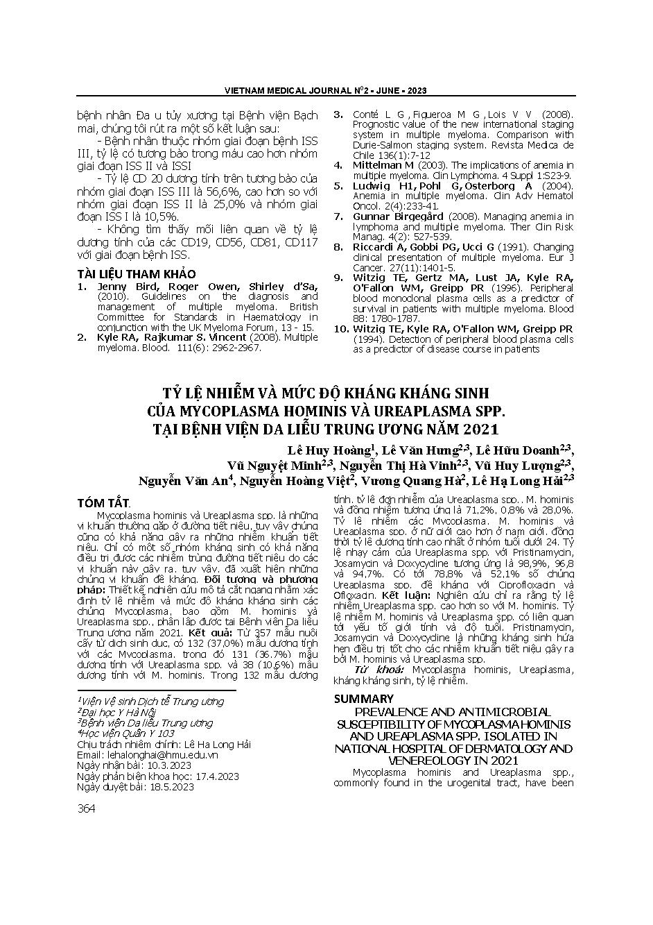 Tỷ lệ nhiễm và mức độ kháng kháng sinh của Mycoplasma hominis và Ureaplasma spp. tại Bệnh viện Da liễu Trung ương năm 2021 = Prevalence and antimicrobial susceptibility of Mycoplasma hominis and Ureaplasma spp. isolated in National hospital of dermatology