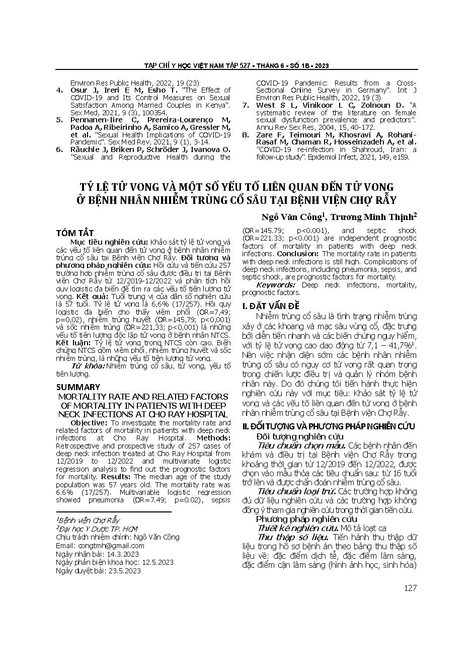 Tỷ lệ tử vong và một số yếu tố liên quan đến tử vong ở bệnh nhân nhiễm trùng cổ sâu tại Bệnh viện Chợ Rẫy = Mortality rate and related factors of mortality in patients with deep neck infections at cho ray hospital