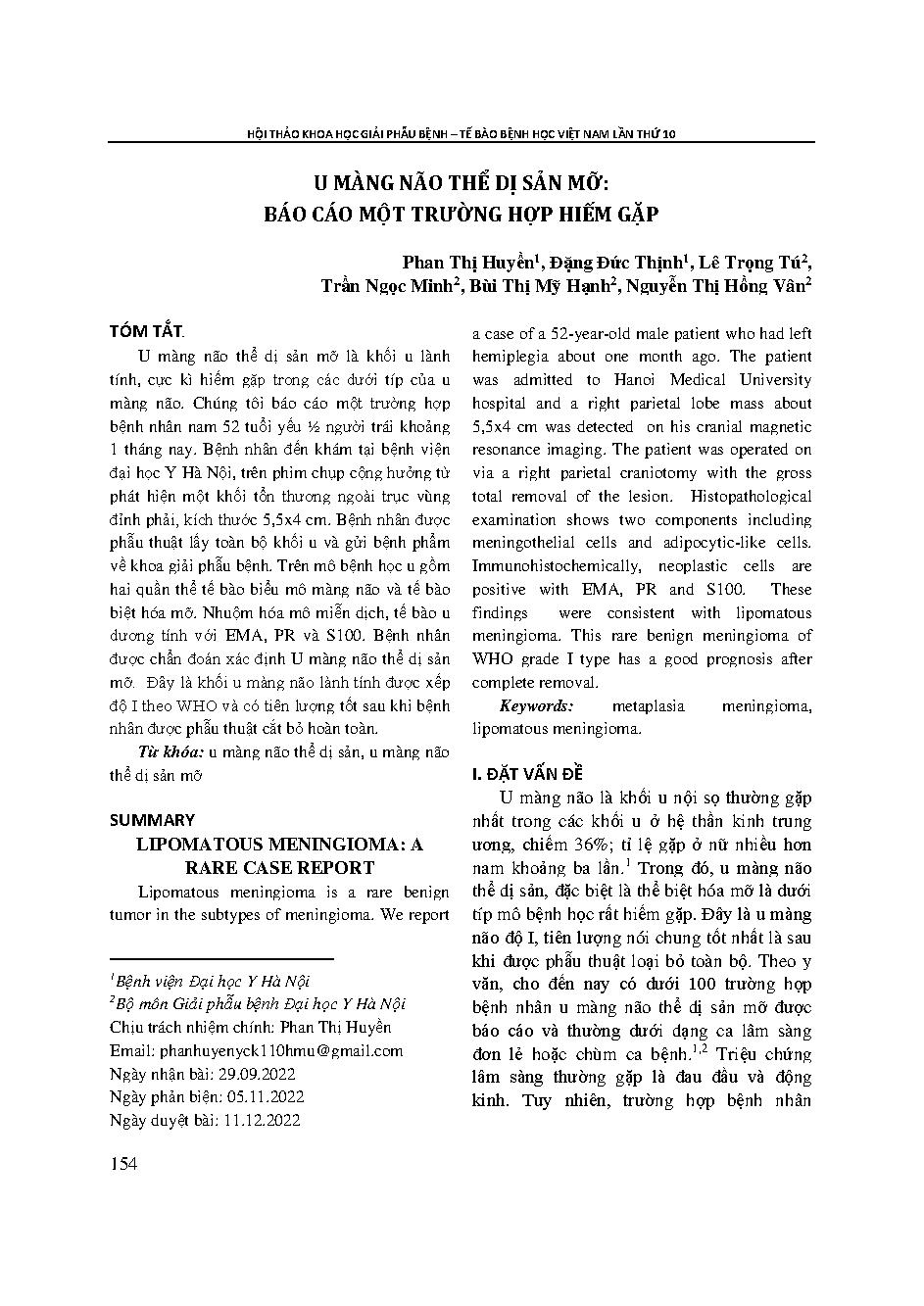 U màng não thể dị sản mỡ: Báo cáo một trường hợp hiếm gặp = Lipomatous meningioma: A rare case report