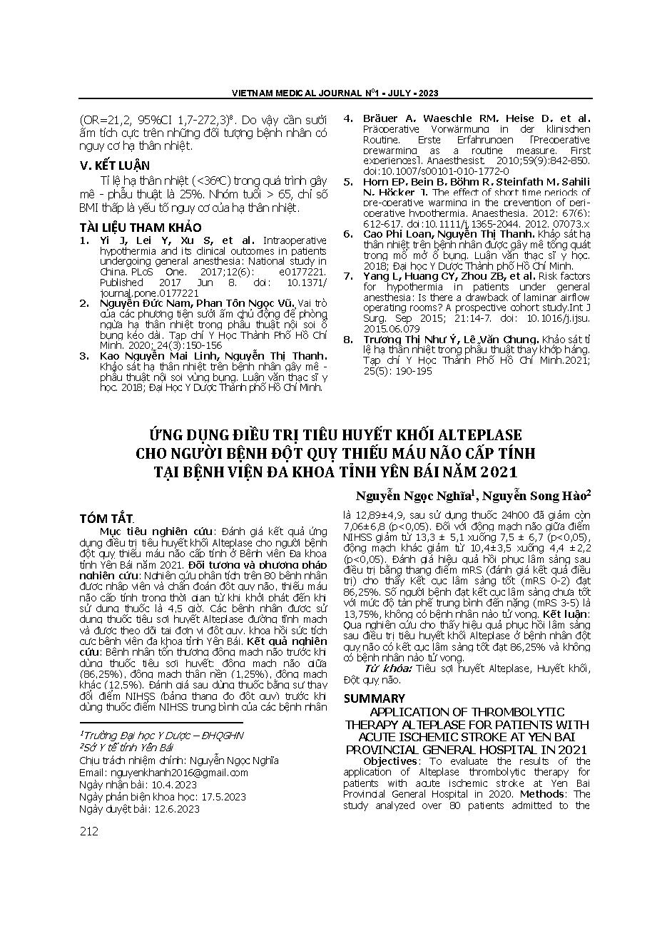Ứng dụng điều trị tiêu huyết khối alteplase cho người bệnh đột quỵ thiếu máu não cấp tính tại Bệnh viện Đa khoa tỉnh Yên Bái năm 2021 = Application of thrombolytic therapy alteplase for patients with acute ischemic stroke at Yen Bai provincial general hos