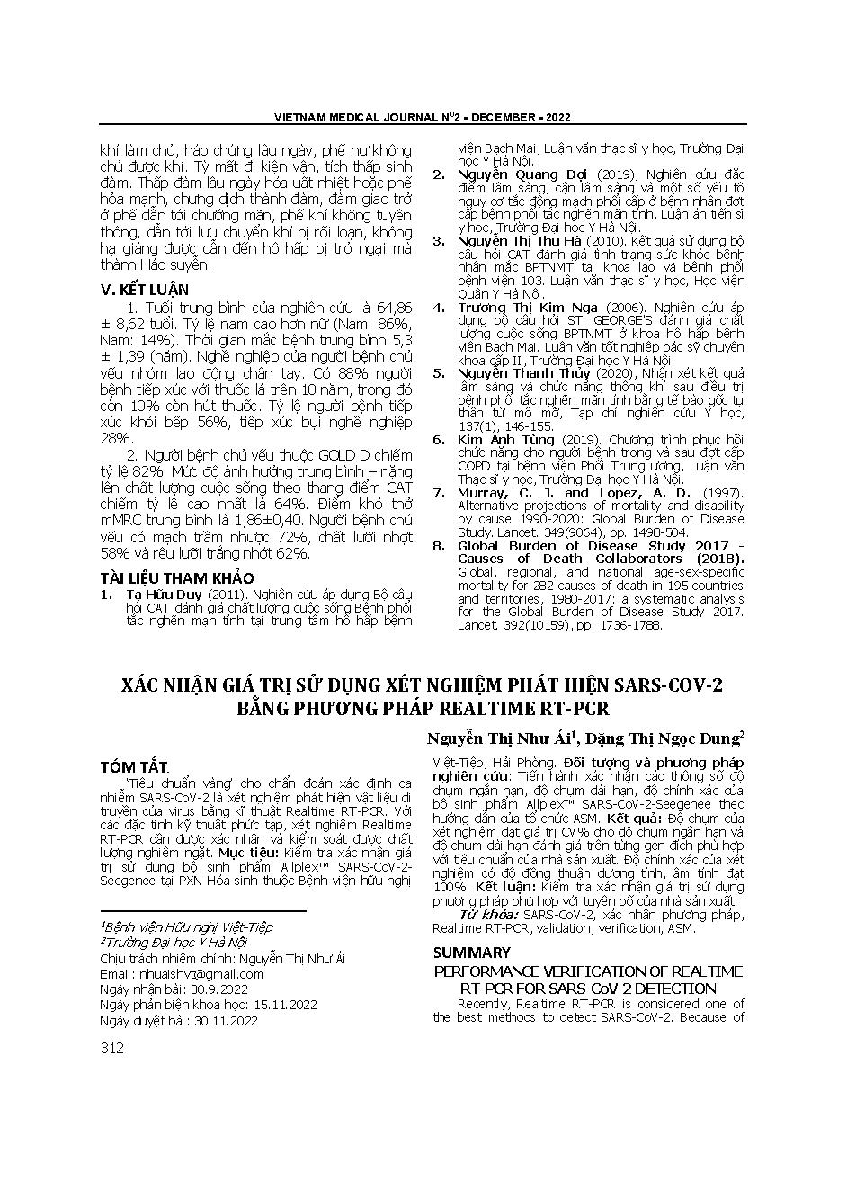 Xác nhận giá trị sử dụng xét nghiệm phát hiện SARS-CoV-2 bằng phương pháp Realtime RT-PCR = Performance verification of Realtime RT-PCR for SARS-CoV2 detection