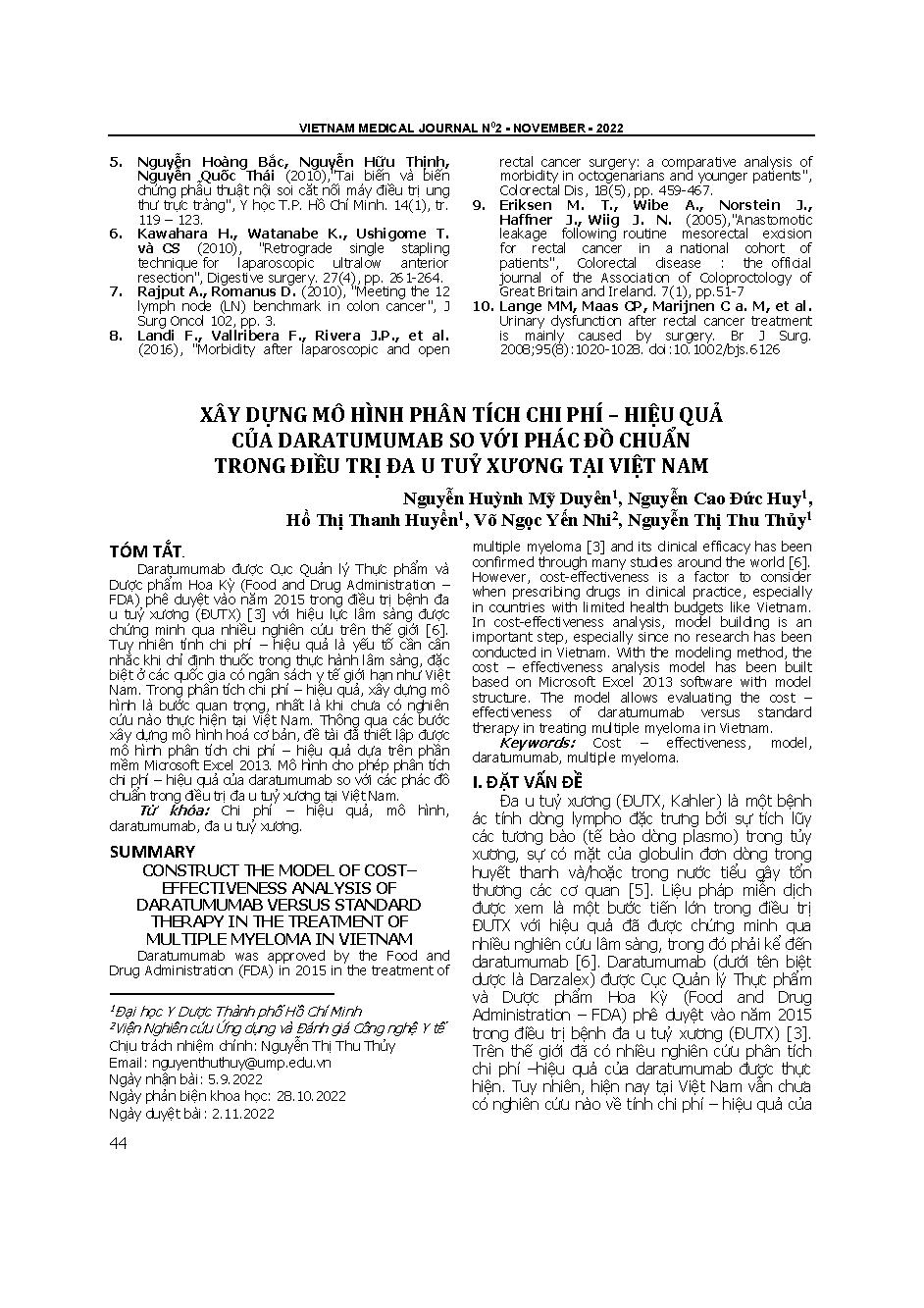 Xây dựng mô hình phân tích chi phí – hiệu quả của Daratumumab so với phác đồ chuẩn trong điều trị đa u tuỷ xương tại Việt Nam = Construct the model of cost– effectiveness analysis of Daratumumab versus standard therapy in the treatment of multiple myeloma
