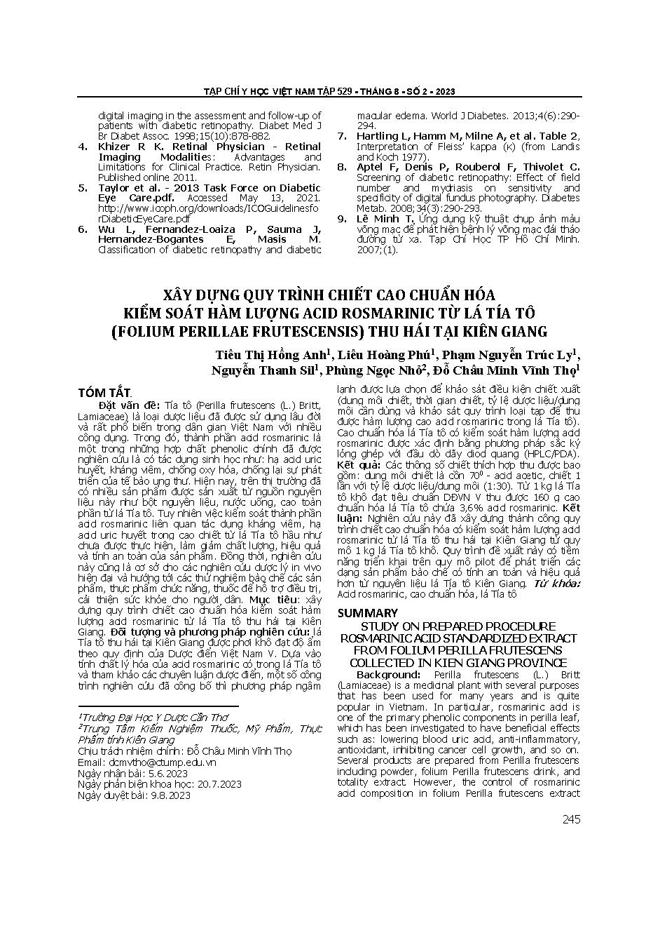 Xây dựng quy trình chiết cao chuẩn hóa kiểm soát hàm lượng acid rosmarinic từ lá tía tô (Folium perillae Frutescensis) thu hái tại Kiên Giang