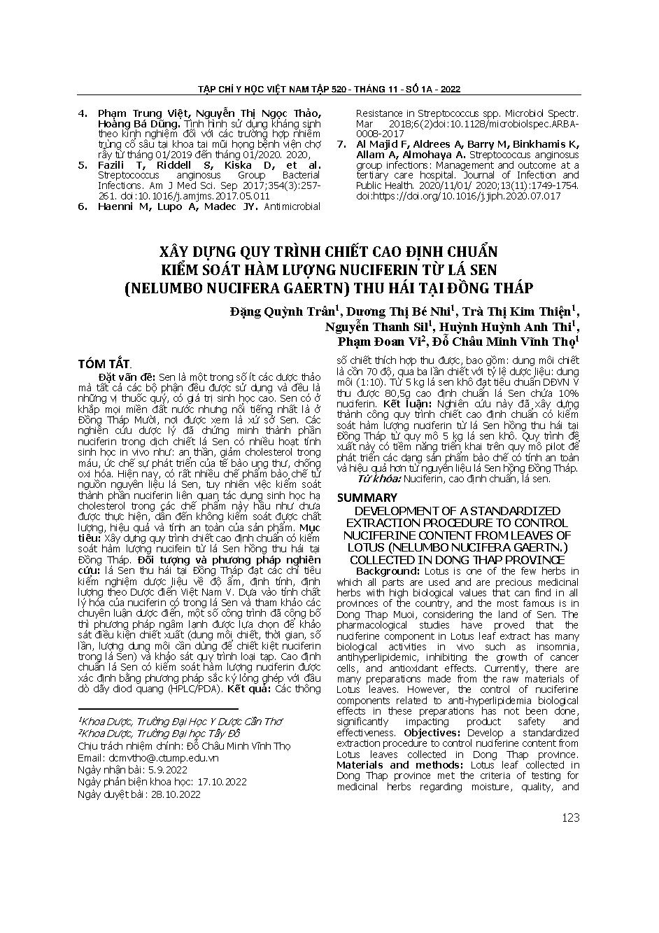 Xây dựng quy trình chiết cao định chuẩn kiểm soát hàm lượng nuciferin từ lá sen (Nelumbo nucifera Gaertn.) thu hái tại Đồng Tháp = Development of a standardized extraction procedure to control nuciferine content from leaves of lotus (Nelumbo nucifera Gaer