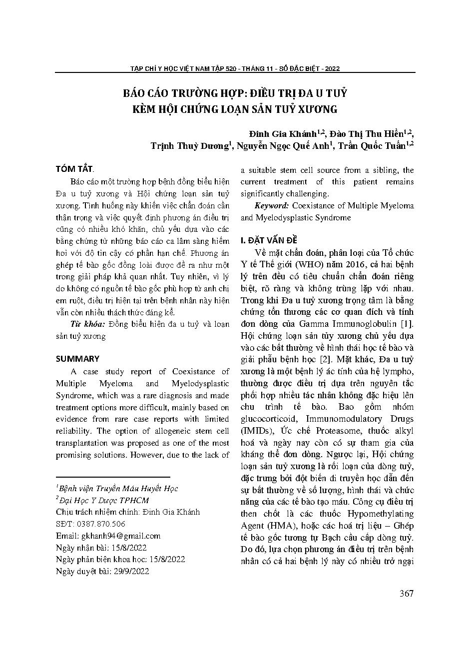 Báo cáo trường hợp: Điều trị đa u tủy kèm hội chứng loạn sản tủy xương = Case report: Treatment of multiple myeloma with myelodysplastic syndrome