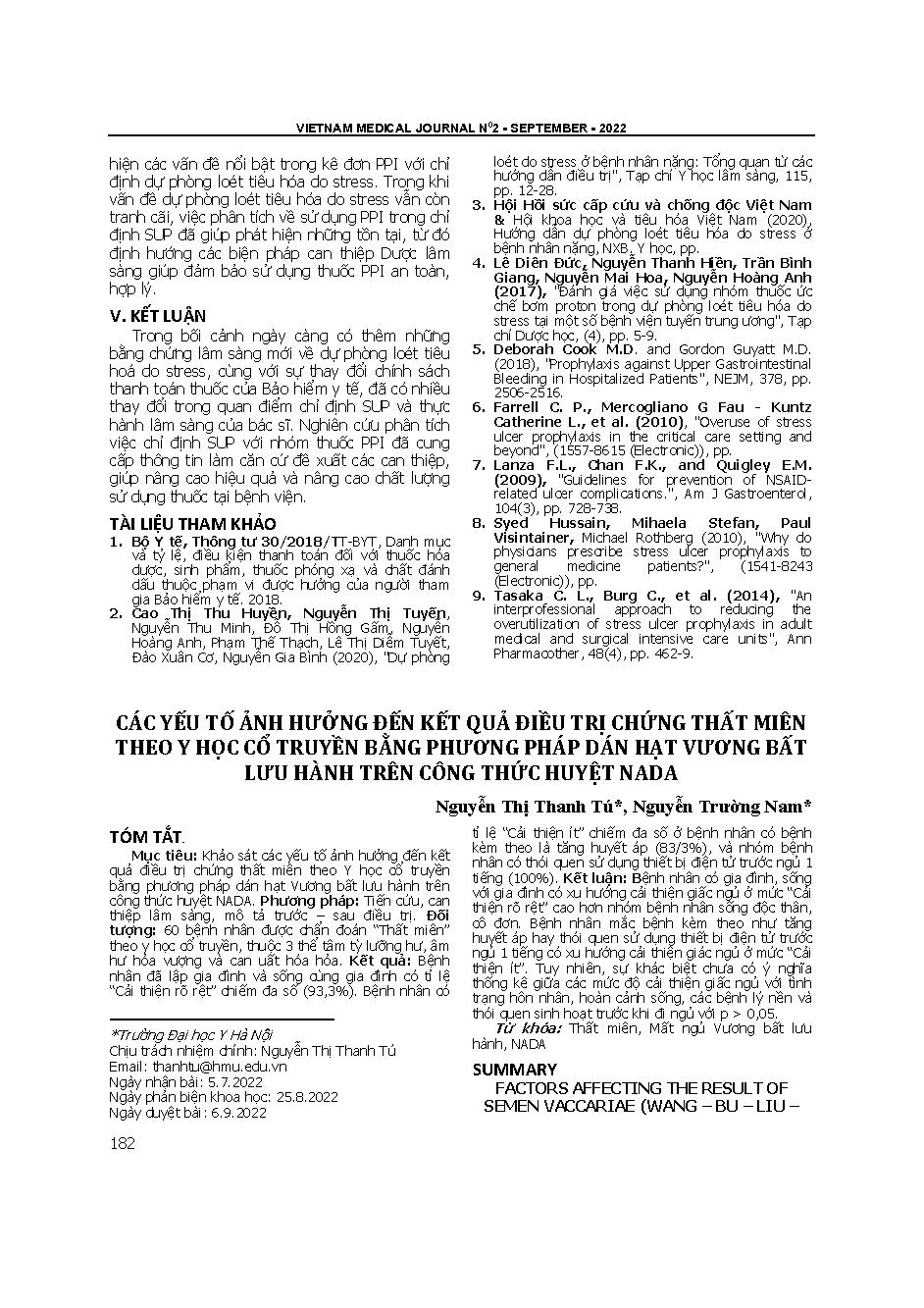 Các yếu tố ảnh hưởng đến kết quả điều trị chứng thất miên theo y học cổ truyền bằng phương pháp dán hạt vương bất lưu hành trên công thức huyệt NADA