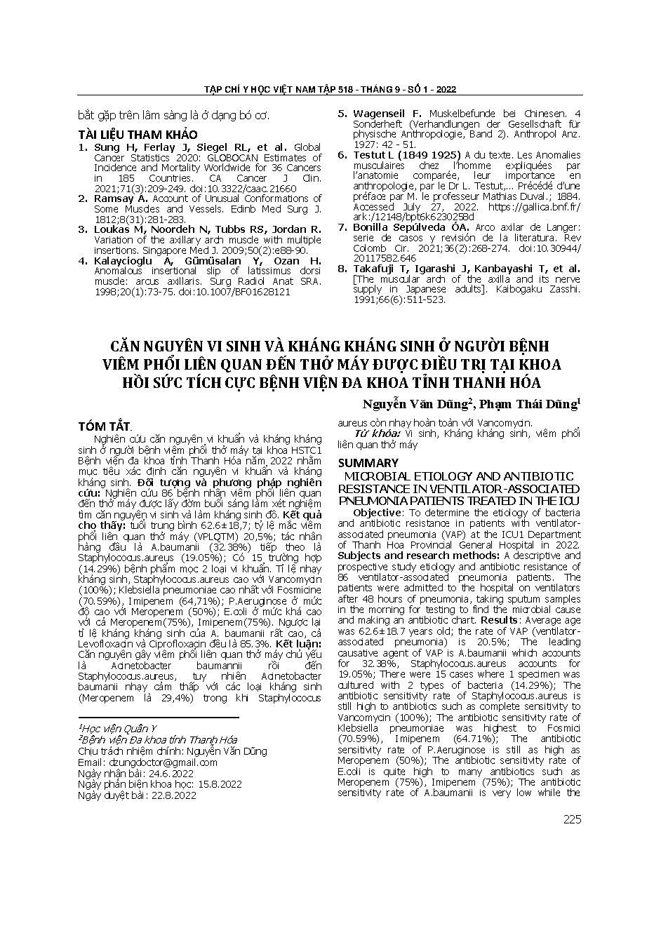 Căn nguyên vi sinh và kháng kháng sinh ở người bệnh viêm phổi liên quan đến thở máy được điều trị tại Khoa Hồi sức Tích cực Bệnh viện Đa khoa tỉnh Thanh Hóa