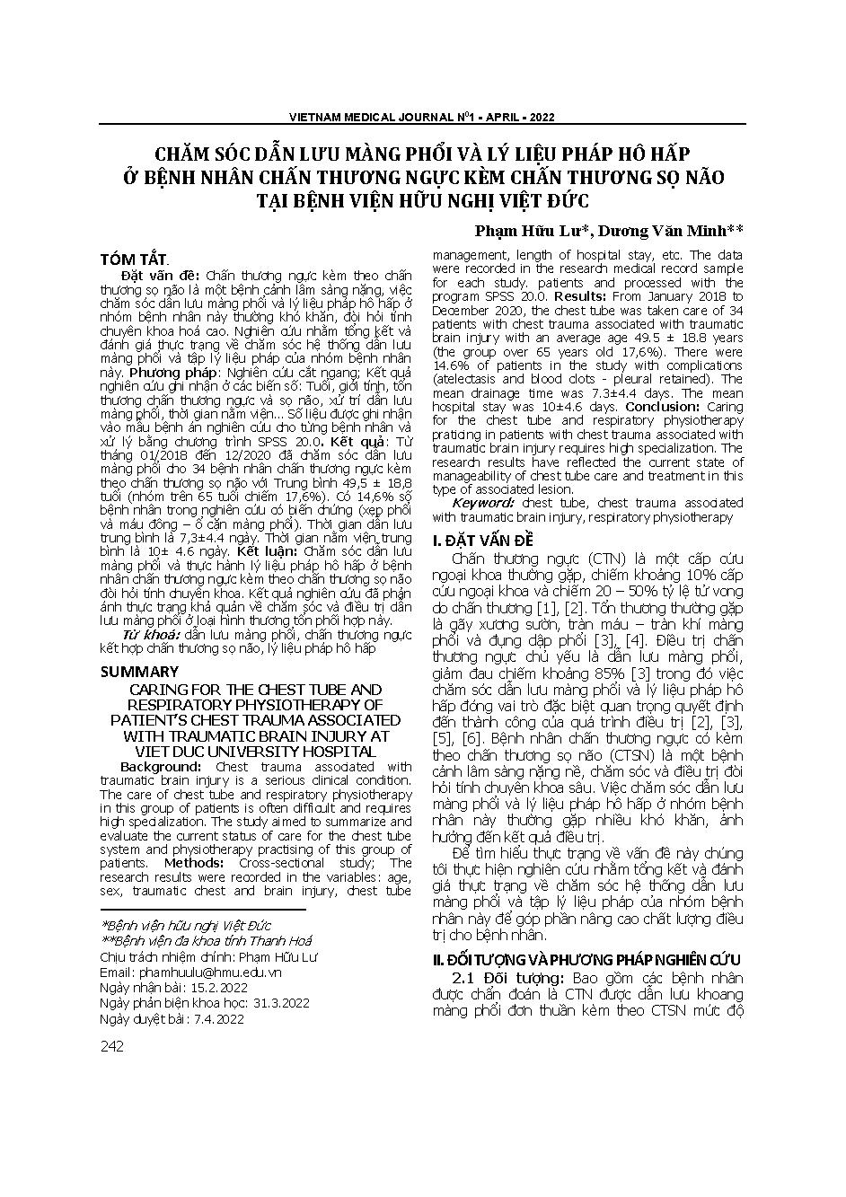 Chăm sóc dẫn lưu màng phổi và lý liệu pháp hô hấp ở bệnh nhân chấn thương ngực kèm chấn thương sọ não tại Bệnh viện Hữu nghị Việt Đức = Caring for the chest tube and respiratory physiotherapy of patient’s chest trauma associated with traumatic brain injur