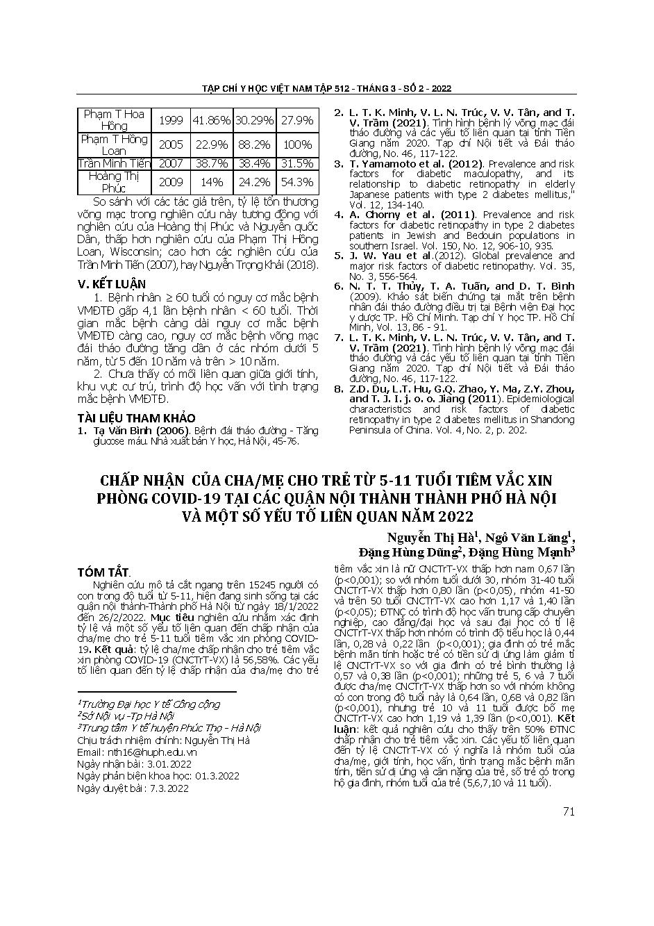 Chấp nhận của cha/mẹ cho trẻ từ 5-11 tuổi tiêm vắc xin phòng Covid-19 tại các quận nội thành thành phố Hà Nội và một số yếu tố liên quan năm 2022 = Agreements of parents for children aged 5-11 tube vaccinated against Covid-19 in districts in Hanoi and som