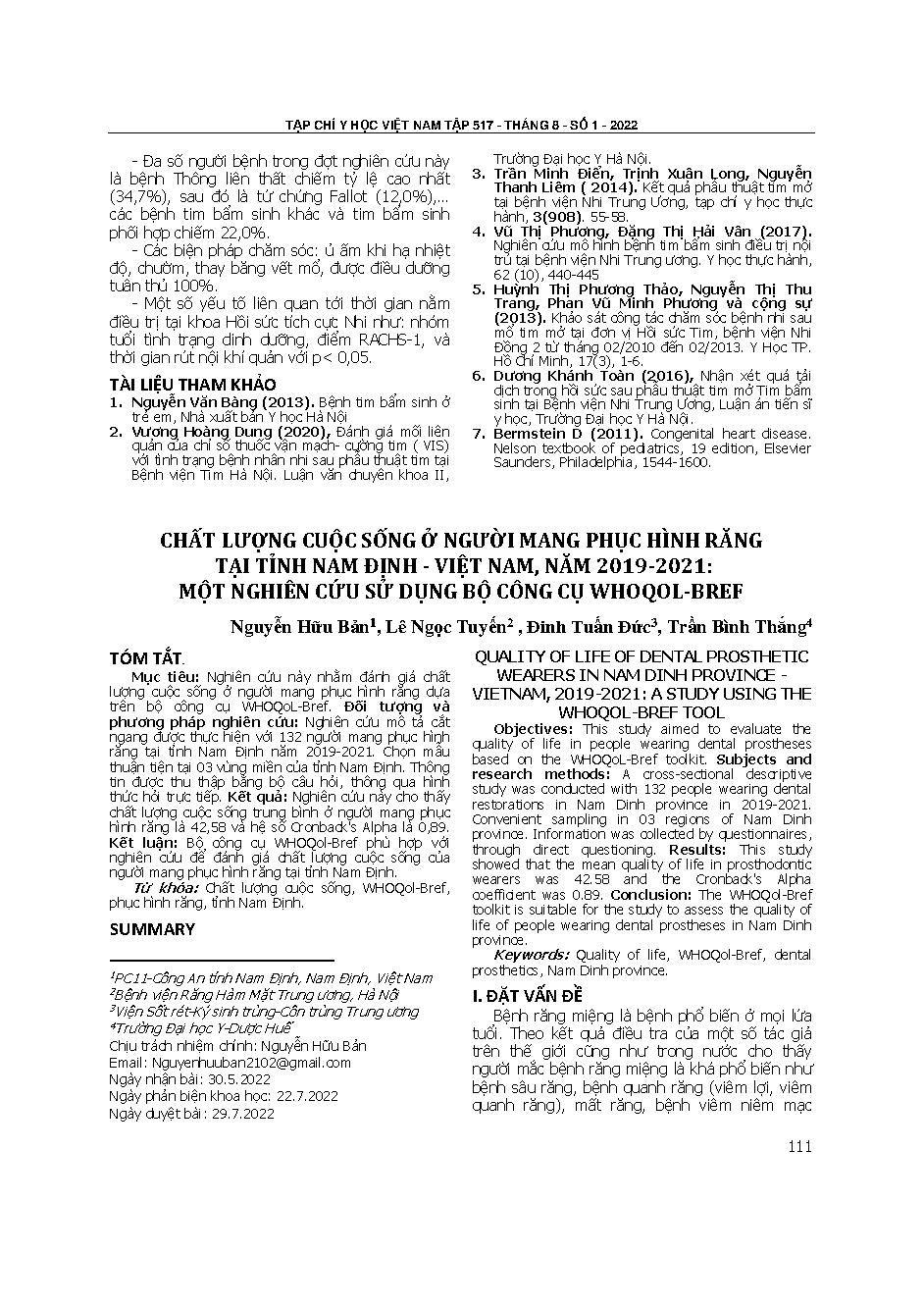 Chất lượng cuộc sống ở người mang phục hình răng tại tỉnh Nam Định - Việt Nam, năm 2019-2021: Một nghiên cứu sử dụng bộ công cụ WHOQol-Bref = Quality of life of dental prosthetic wearers in Nam Dinh province - Vietnam, 2019-2021: A study using the WHOQol-