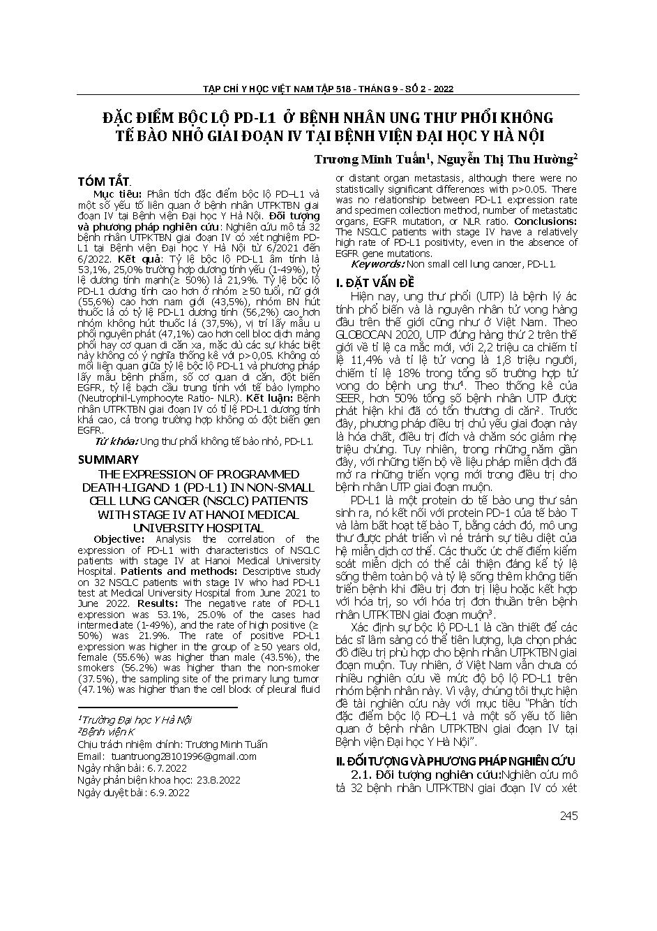 Đặc điểm bộc lộ PD-l1 ở bệnh nhân ung thư phổi không tế bào nhỏ giai đoạn IV tại Bệnh viện Đại học Y Hà Nội