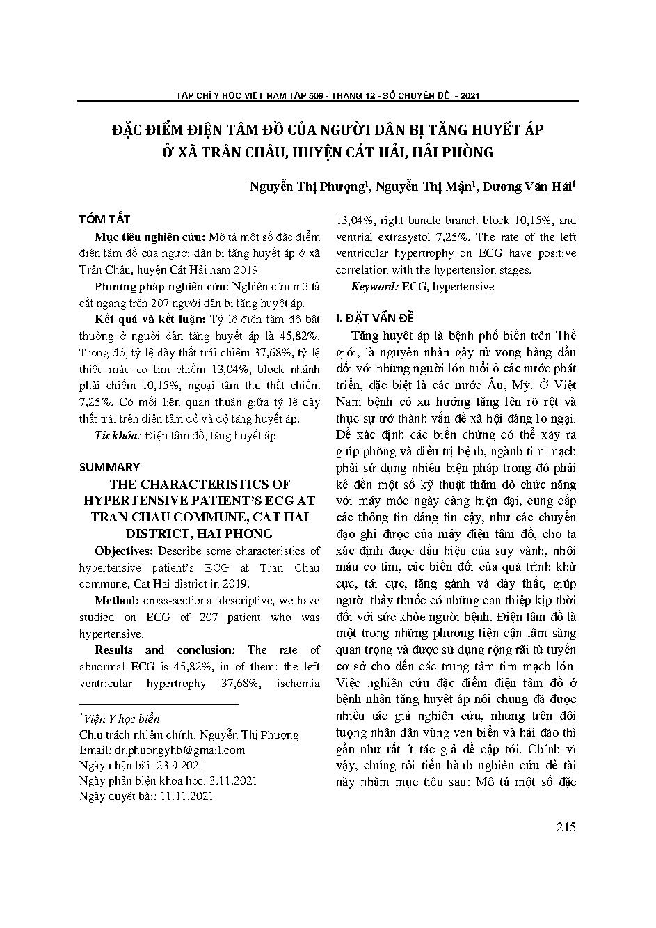 Đặc điểm điện tâm đồ của người dân bị tăng huyết áp ở xã Trân Châu, huyện Cát Hải, Hải Phòng