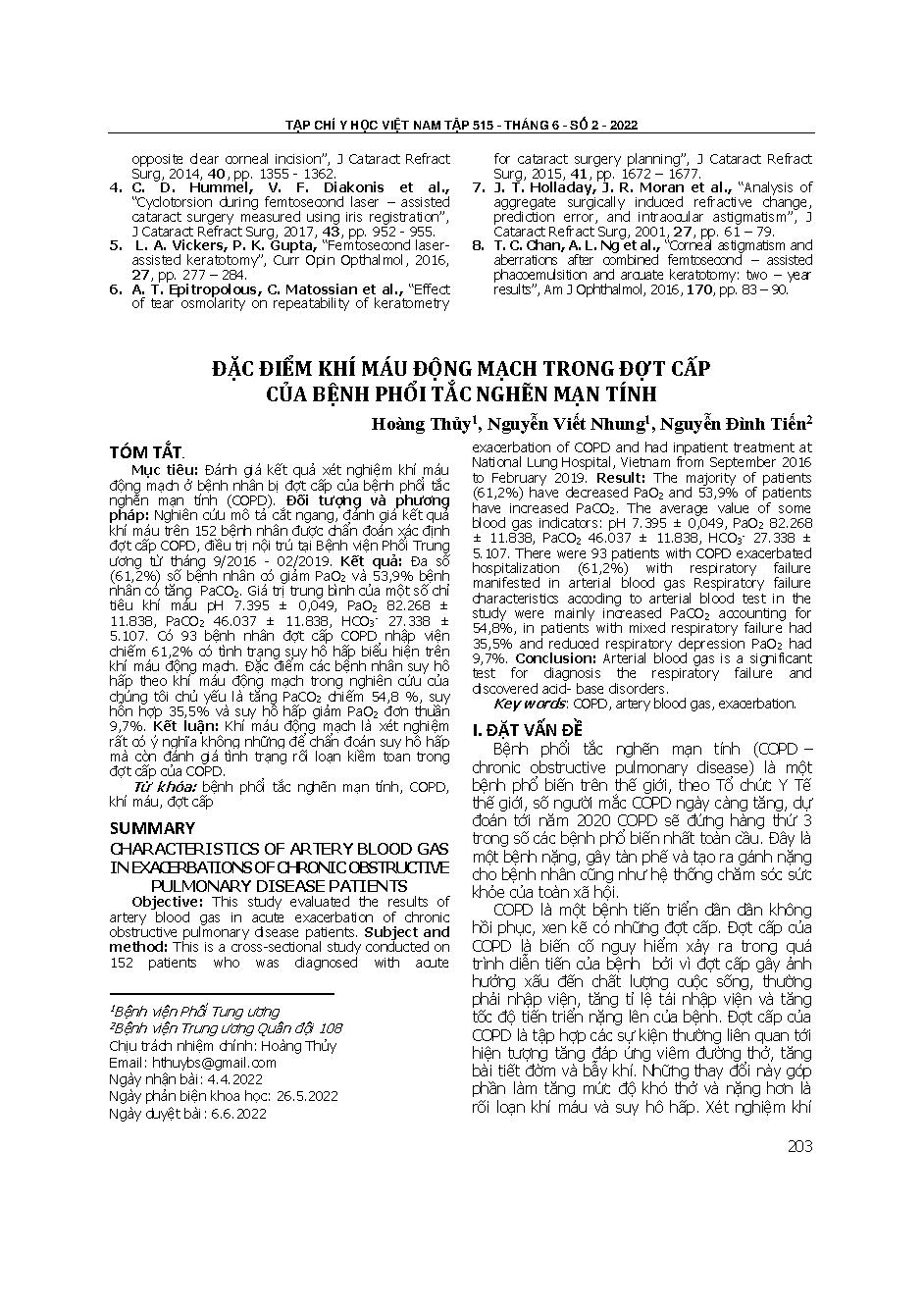 Đặc điểm khí máu động mạch trong đợt cấp của bệnh phổi tắc nghẽn mạn tính = Characteristics of artery blood gas in exacerbations of chronic obstructive pulmonary disease patients