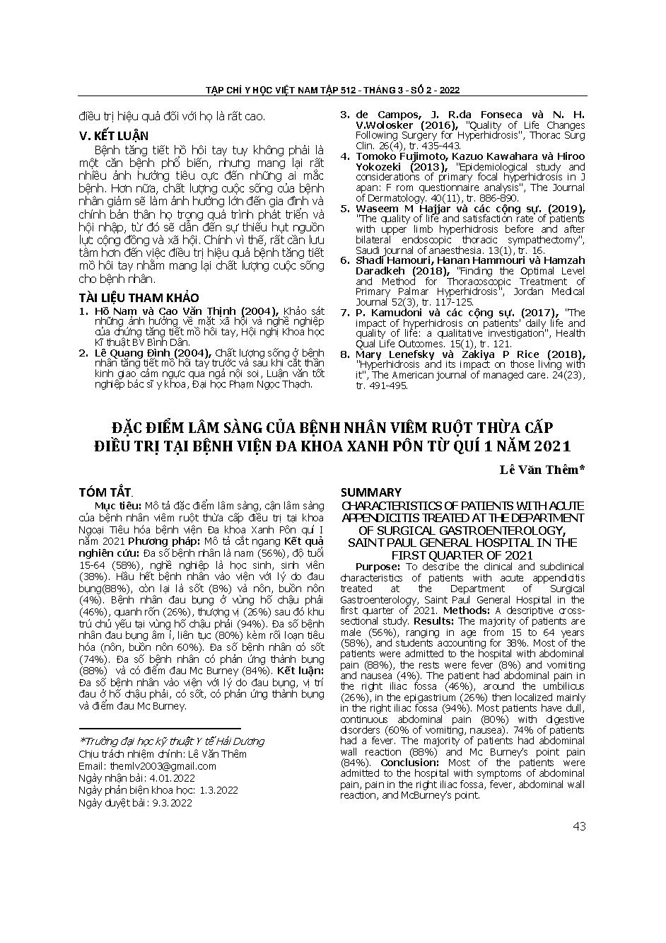 Đặc điểm lâm sàng của bệnh nhân viêm ruột thừa cấp điều trị tại bệnh viện đa khoa Xanh Pôn từ quý 1 năm 2021 = Characteristics of patients with acute appendicitis treated at the department of surgical gastroenterology, Saint Paul general hospital in the f
