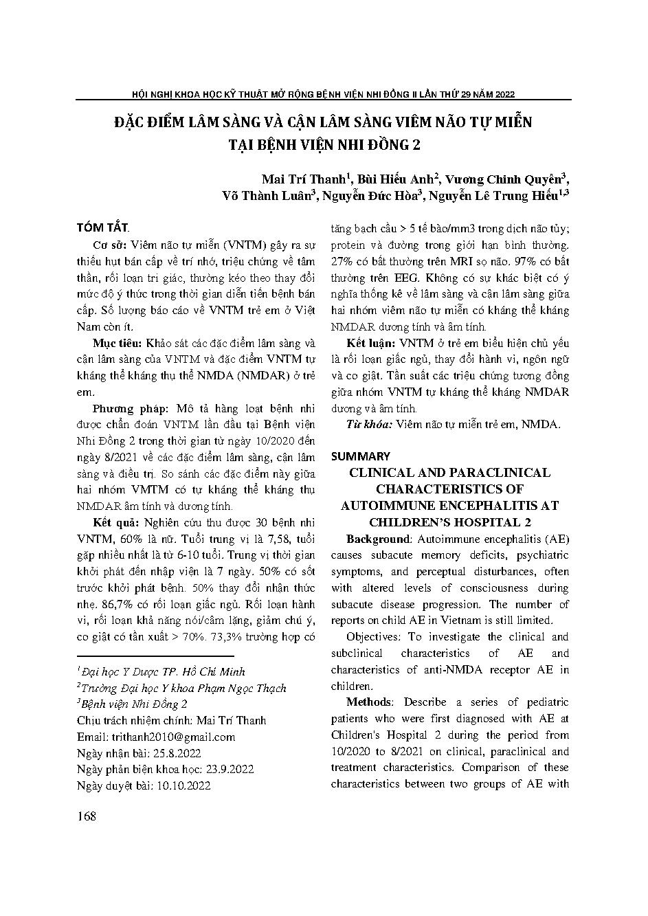 Đặc điểm lâm sàng và cận lâm sàng viêm não tự miễn tại Bệnh viện Nhi đồng 2 = Clinical and paraclinical characteristics of autoimmune encephalitis at Children’s hospital 2
