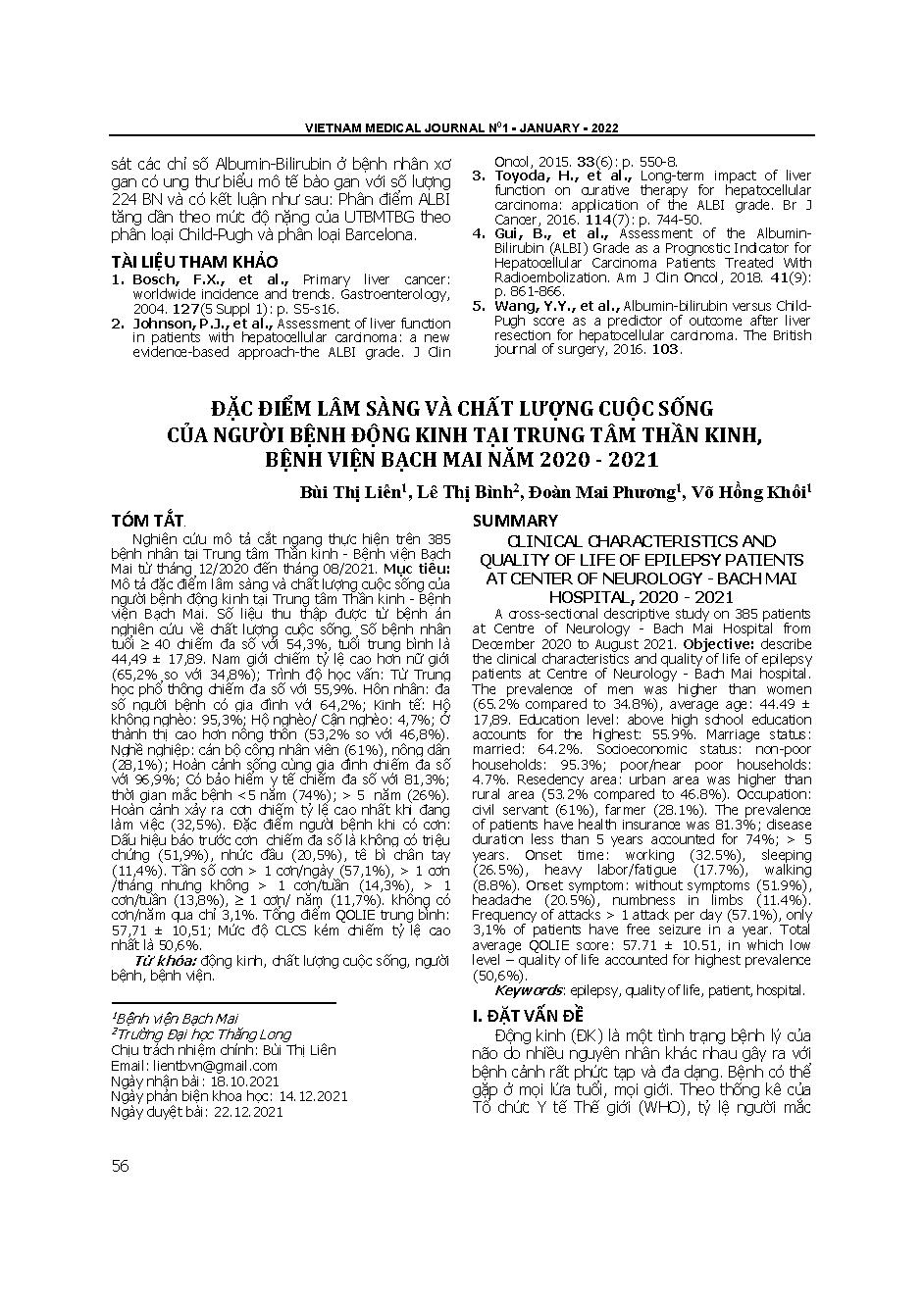 Đặc điểm lâm sàng và chất lượng cuộc sống của người bệnh động kinh tại Trung tâm Thần kinh, Bệnh viện Bạch Mai năm 2020 - 2021 = Clinical characteristics and quality of life of epilepsy patients at center of neurology - Bach Mai