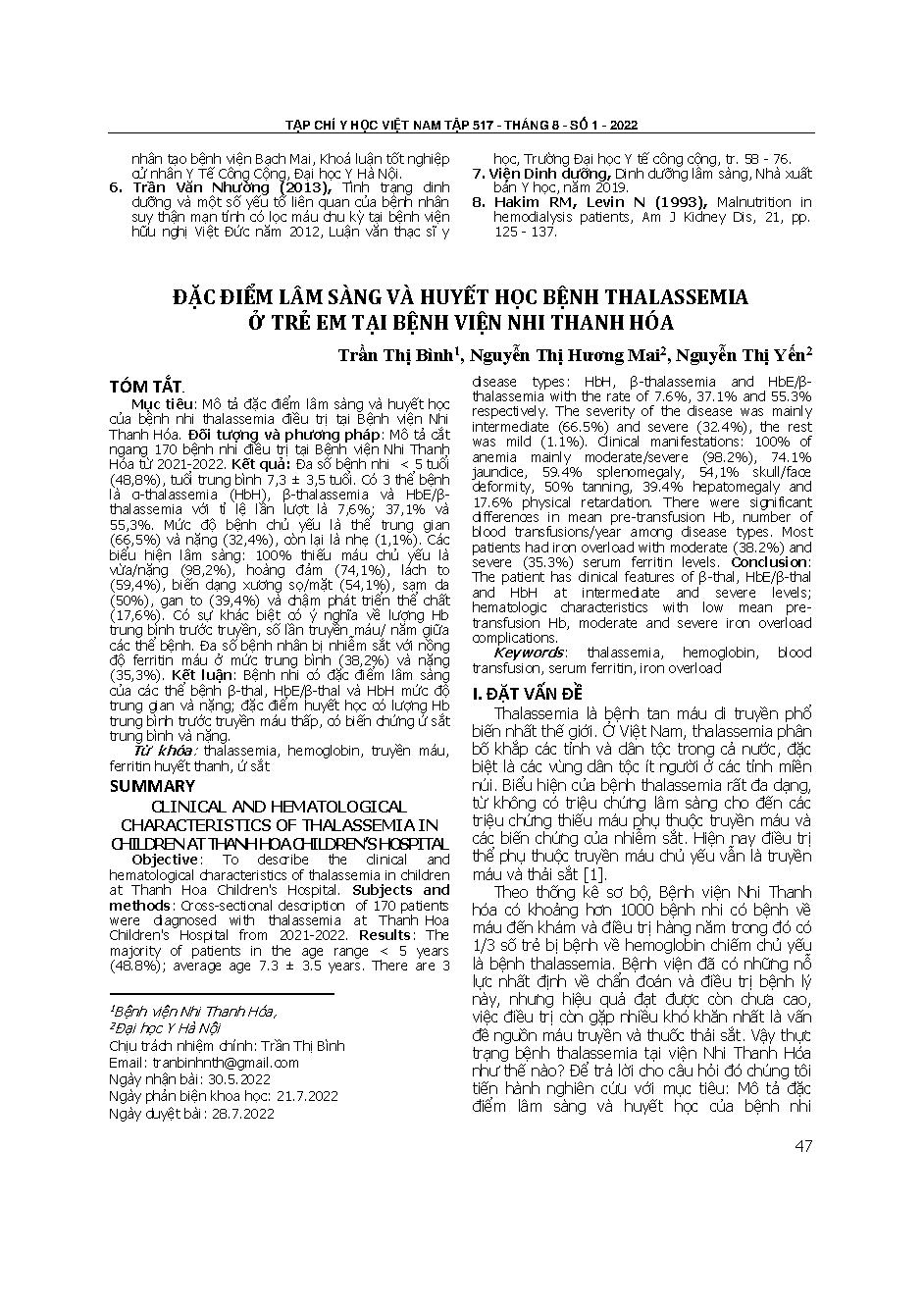Đặc điểm lâm sàng và huyết học bệnh thalassemia ở trẻ em tại Bệnh viện Nhi Thanh Hóa = Clinical and hematological characteristics of thalassemia in children at Thanh Hoa children’s hospital