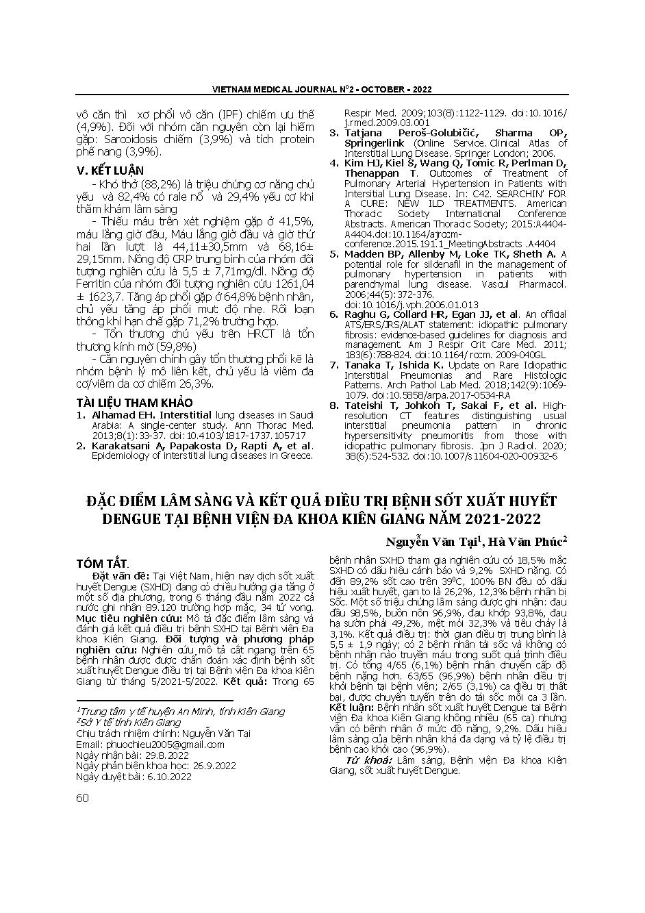 Đặc điểm lâm sàng và kết quả điều trị bệnh sốt xuất huyết dengue tại Bệnh viện Đa khoa Kiên Giang năm 2021-2022 = Clinical characteristics and treatment results of dengue hemorrhagic fever at Kien Giang general hospital 2021-2022