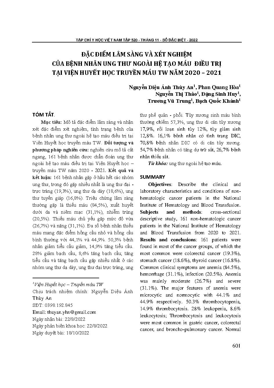 Đặc điểm lâm sàng và xét nghiệm của bệnh nhân ung thư ngoài hệ tạo máu điều trị tại Viện Huyết học Truyền máu Trung ương năm 2020 – 2021 = Clinical and laboratory characteristics of cancer patients outside the hematopoietic system treated at the National 