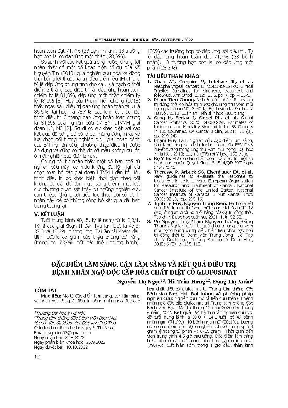 Đặc điểm lâm sàng, cận lâm sàng và kết quả điều trị bệnh nhân ngộ độc cấp hóa chất diệt cỏ glufosinate = Clinical features, laboratory characteristics and treatment outcomes of the patients with acute Glufosinate poisoning