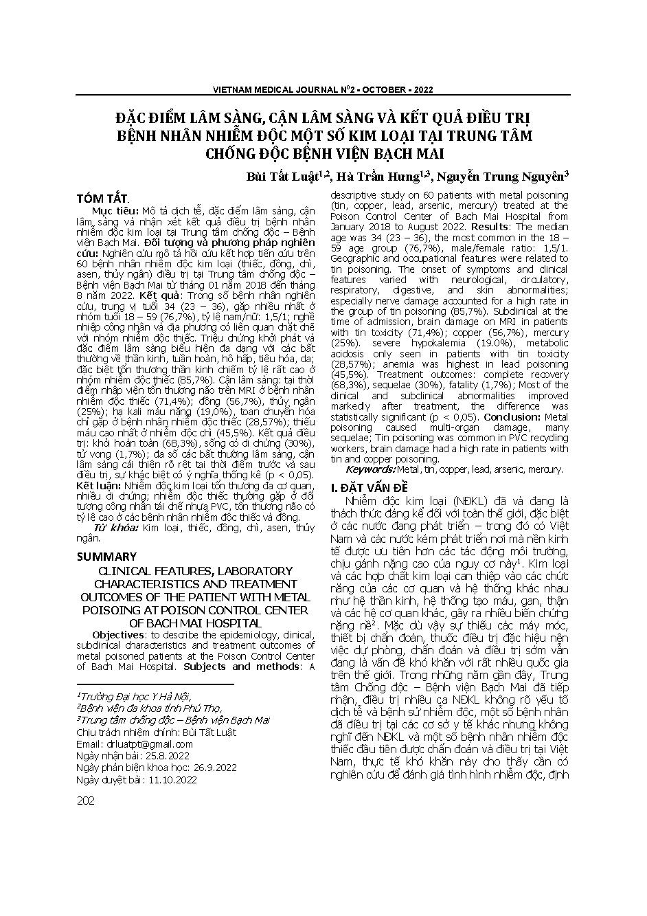 Đặc điểm lâm sàng, cận lâm sàng và kết quả điều trị bệnh nhân nhiễm độc một số kim loại tại Trung tâm Chống độc Bệnh viện Bạch Mai = Clinical features, laboratory characteristics and treatment outcomes of the patient with metal poison at Poison control ce
