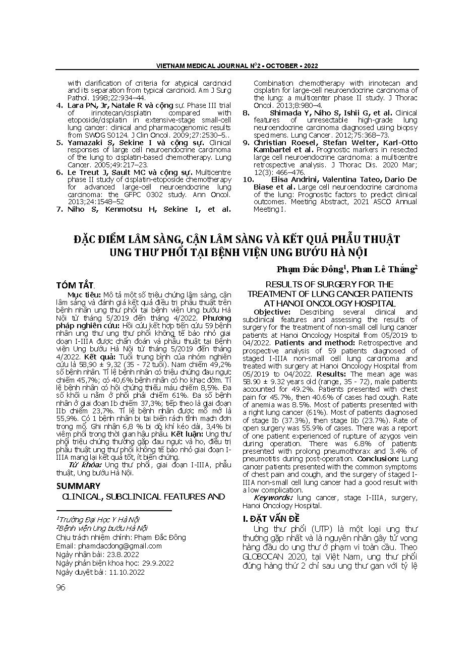 Đặc điểm lâm sàng, cận lâm sàng và kết quả phẫu thuật ung thư phổi tại Bệnh viện Ung bướu Hà Nội = Results of surgery for the treatment of lung cancer patients at Hanoi oncology hospital