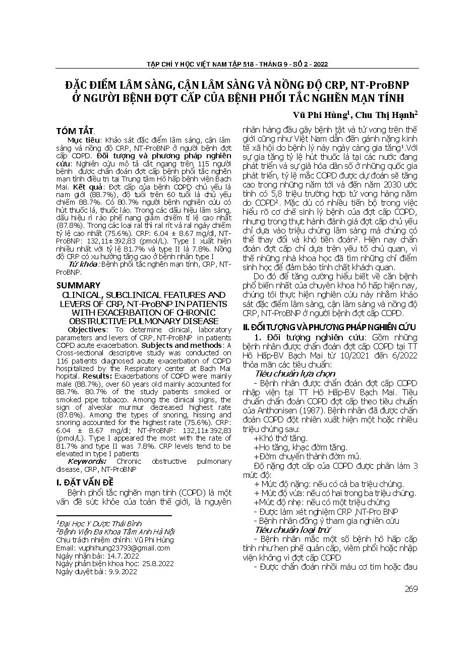 Đặc điểm lâm sàng, cận lâm sàng và nồng độ CRP, NT-ProBNP ở người bệnh đợt cấp của bệnh phổi tắc nghẽn mạn tính