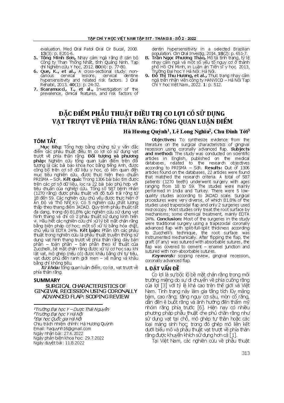 Đặc điểm phẫu thuật điều trị co lợi có sử dụng vạt trượt về phía thân răng: Tổng quan luận điểm = Surgical characteristics of gingival recession using coronally advanced flap: Scoping review