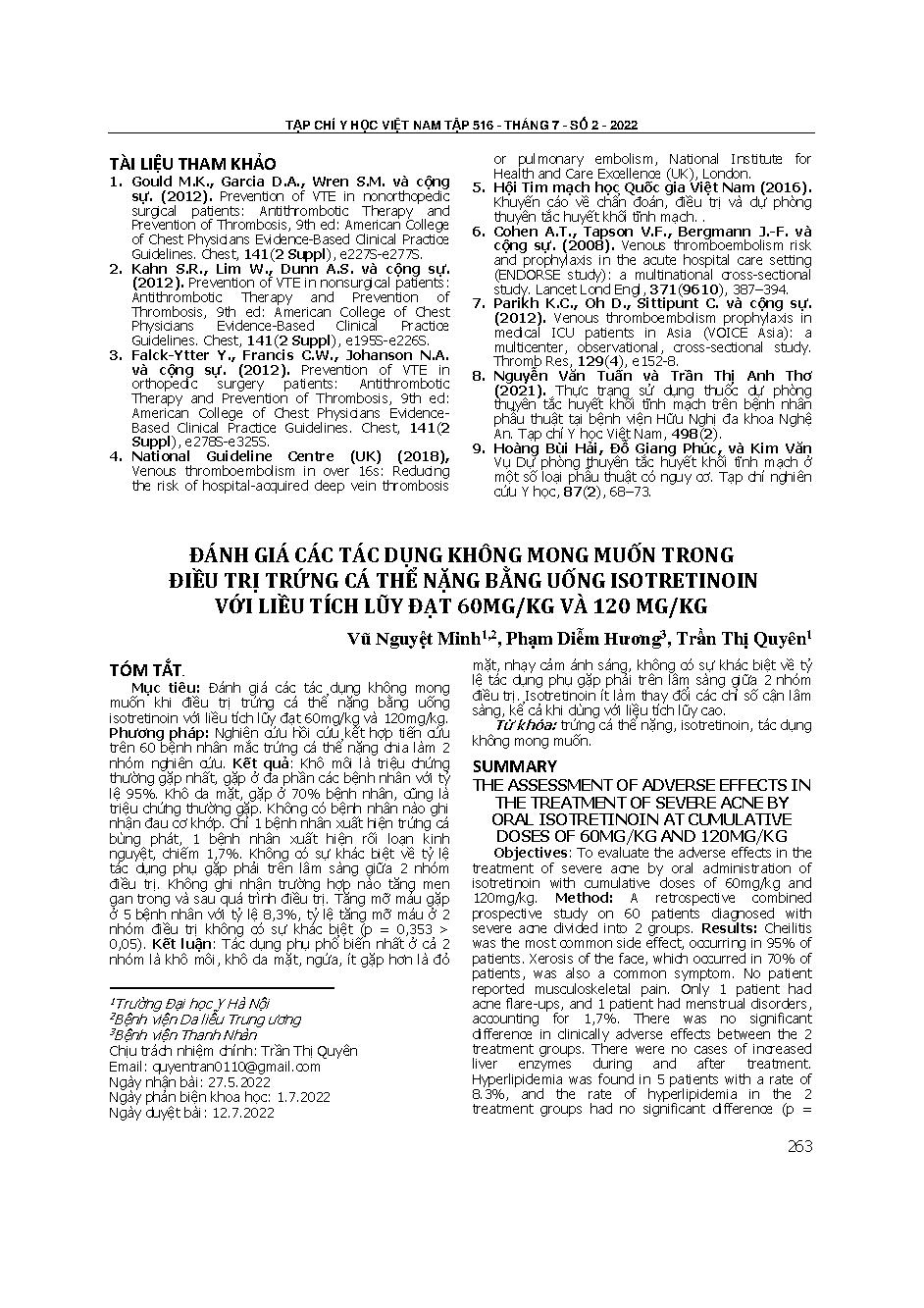 Đánh giá các tác dụng không mong muốn trong điều trị trứng cá thể nặng bằng uống isotretinoin với liều tích lũy đạt 60mg/kg và 120 mg/kg = The assessment of adverse effects in the treatment of severe acne by oral isotretinoin at cumulative doses of 60mg/k