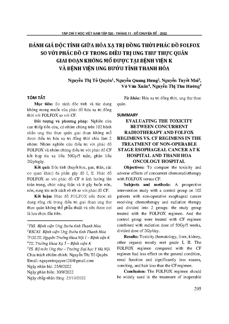 Đánh giá độc tính giữa hóa xạ trị đồng thời phác đồ FOLFOX so với phác đồ CF trong điều trị ung thư thực quản giai đoạn không mổ được tại Bệnh viện K và Bệnh viện Ung bướu tỉnh Thanh Hóa = Evaluating the toxicity between concurrent radiotherapy and FOLFOX