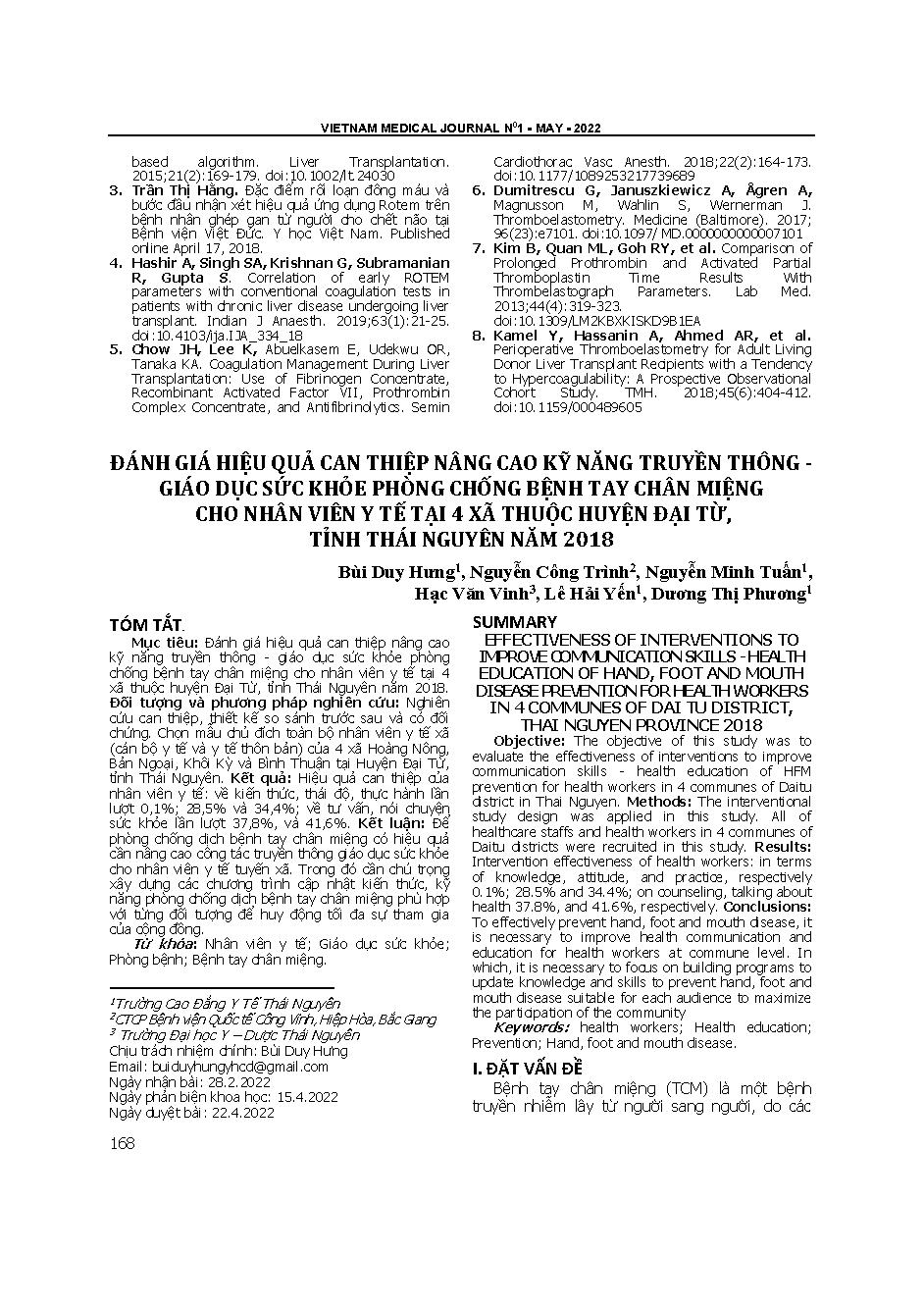 Đánh giá hiệu quả can thiệp nâng cao kỹ năng truyền thông - giáo dục sức khỏe phòng chống bệnh tay chân miệng cho nhân viên y tế tại 4 xã thuộc huyện Đại Từ, tỉnh Thái Nguyên năm 2018 = Effectiveness of interventions to improve communication skills - heal