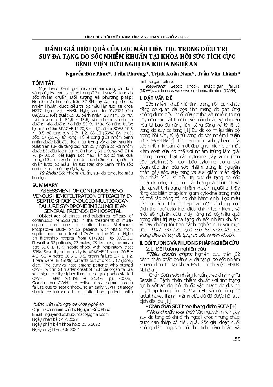 Đánh giá hiệu quả của lọc máu liên tục trong điều trị suy đa tạng do sốc nhiễm khuẩn tại Khoa Hồi sức tích cực Bệnh viện Hữu nghị Đa khoa Nghệ An = Assessment of continuous veno-venous hemofiltration efficacity in septic shock induced multiorgan failure s