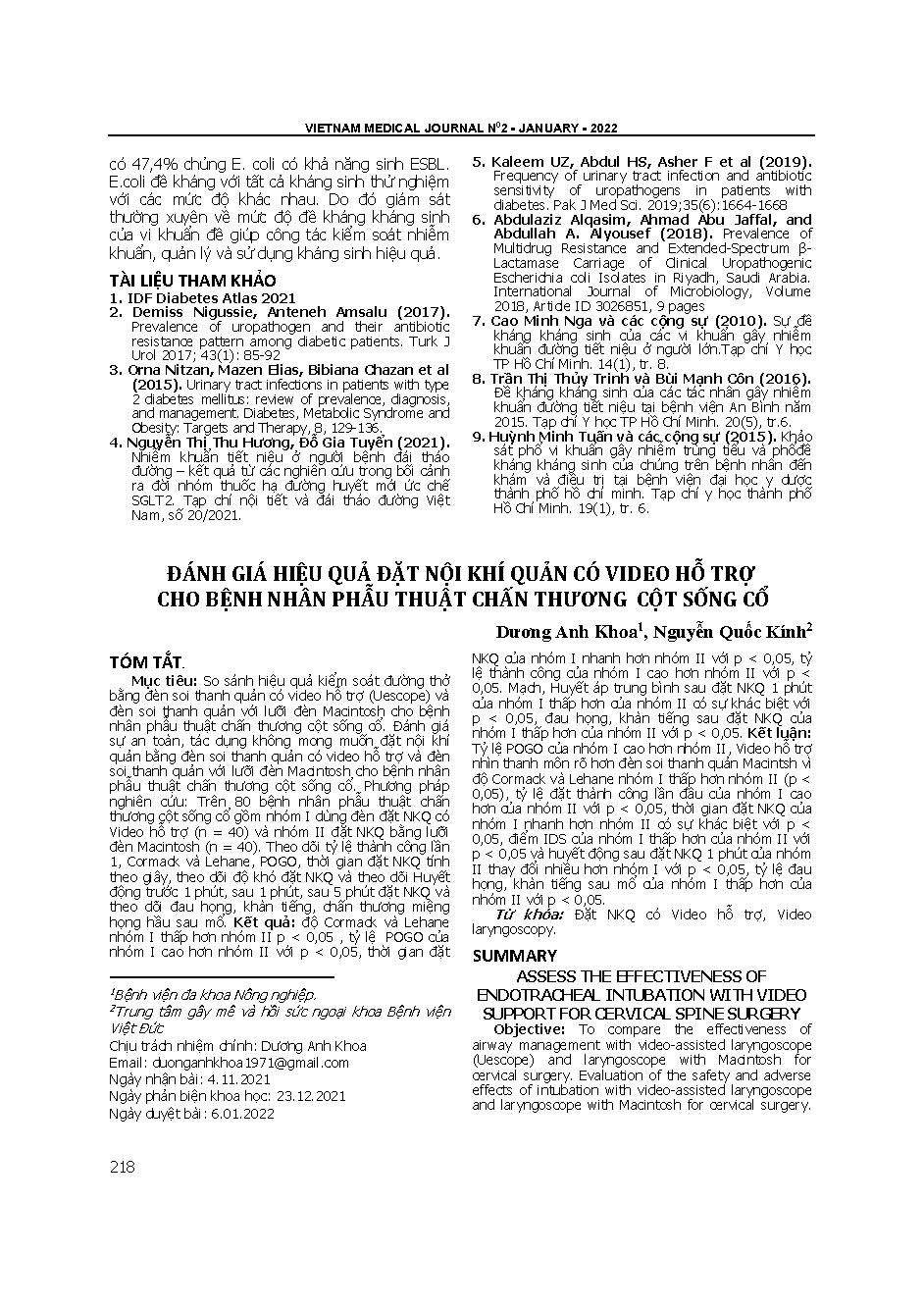 Đánh giá hiệu quả đặt nội khí quản có video hỗ trợ cho bệnh nhân phẫu thuật chấn thương cột sống cổ = Assess the effectiveness of endotracheal intubation with video support for cervical spine surgery