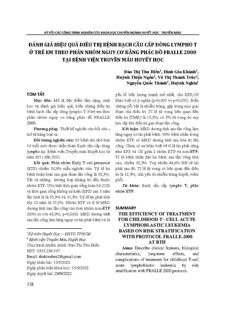 Đánh giá hiệu quả điều trị bệnh bạch cầu cấp dòng lympho T ở trẻ em theo phân nhóm nguy cơ bằng phác đồ FRALLE 2000 tại Bệnh viện Truyền máu Huyết học = The efficiency of treatment for childhood T - cell acute lymphoblastic leukemia based on risk stratifi