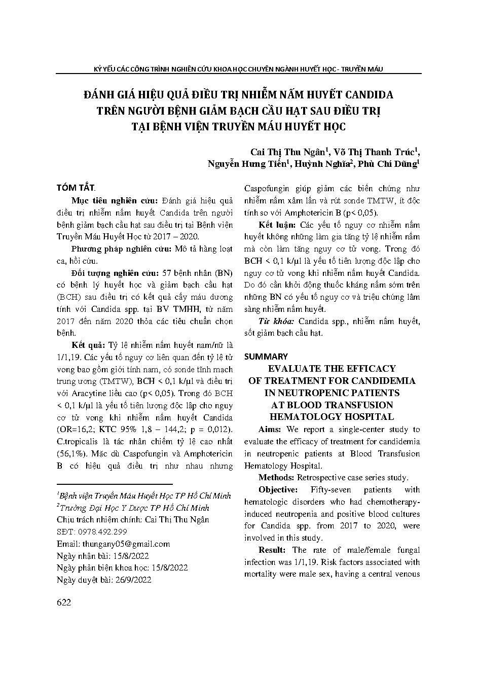 Đánh giá hiệu quả điều trị nhiễm nấm huyết candida trên người bệnh giảm bạch cầu hạt sau điều trị tại Bệnh viện Truyền máu Huyết học = Evaluate the efficacy of treatment for candidemia in neutropenic patients at Blood transfusion hematology hospital