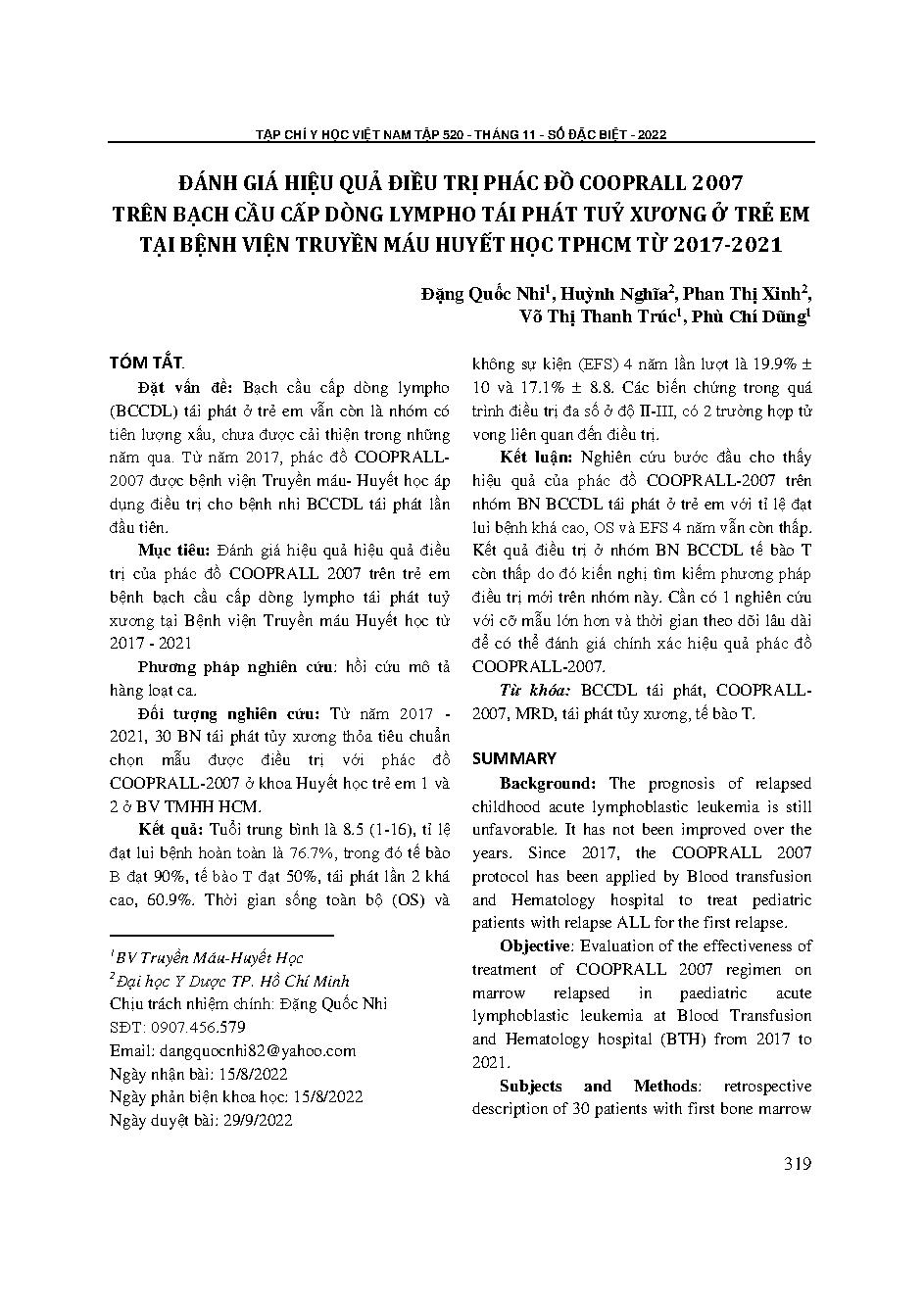 Đánh giá hiệu quả điều trị phác đồ COOPRALL 2007 trên bạch cầu cấp dòng lympho tái phát tủy xương ở trẻ em tại Bệnh viện Truyền máu Huyết học thành phố Hồ Chí Minh từ 2017-2021 = Evaluation of the effectiveness of treatment with COOPRALL 2007 regimen on r