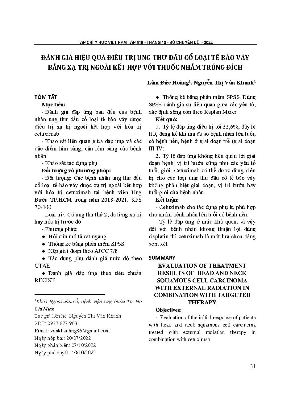 Đánh giá hiệu quả điều trị ung thư đầu cổ loại tế bào vảy bằng xạ trị ngoài kết hợp với thuốc nhắm trúng đích = Evaluation of treatment results of head and neck squamous cell carcinoma with external radiation in combination with targeted therapy