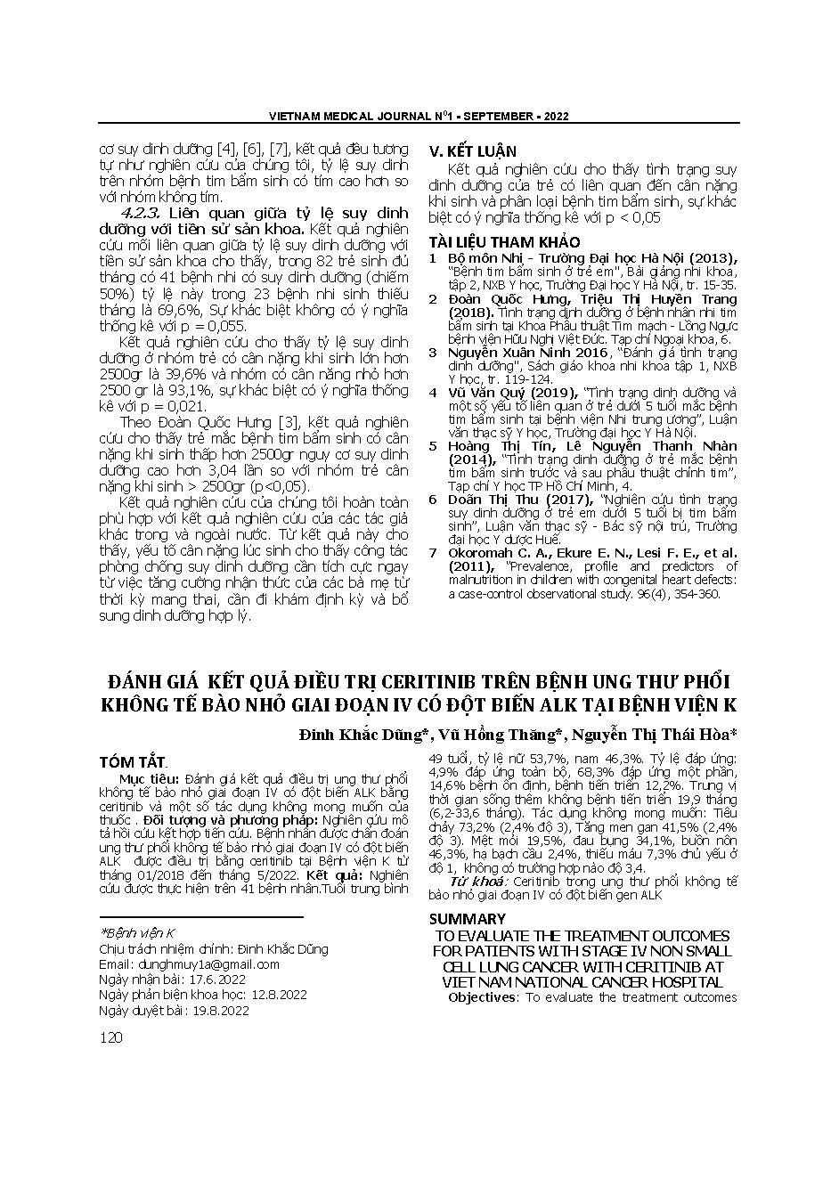 Đánh giá kết quả điều trị ceritinib trên bệnh ung thư phổi không tế bào nhỏ giai đoạn IV có đột biến ALK tại Bệnh viện K