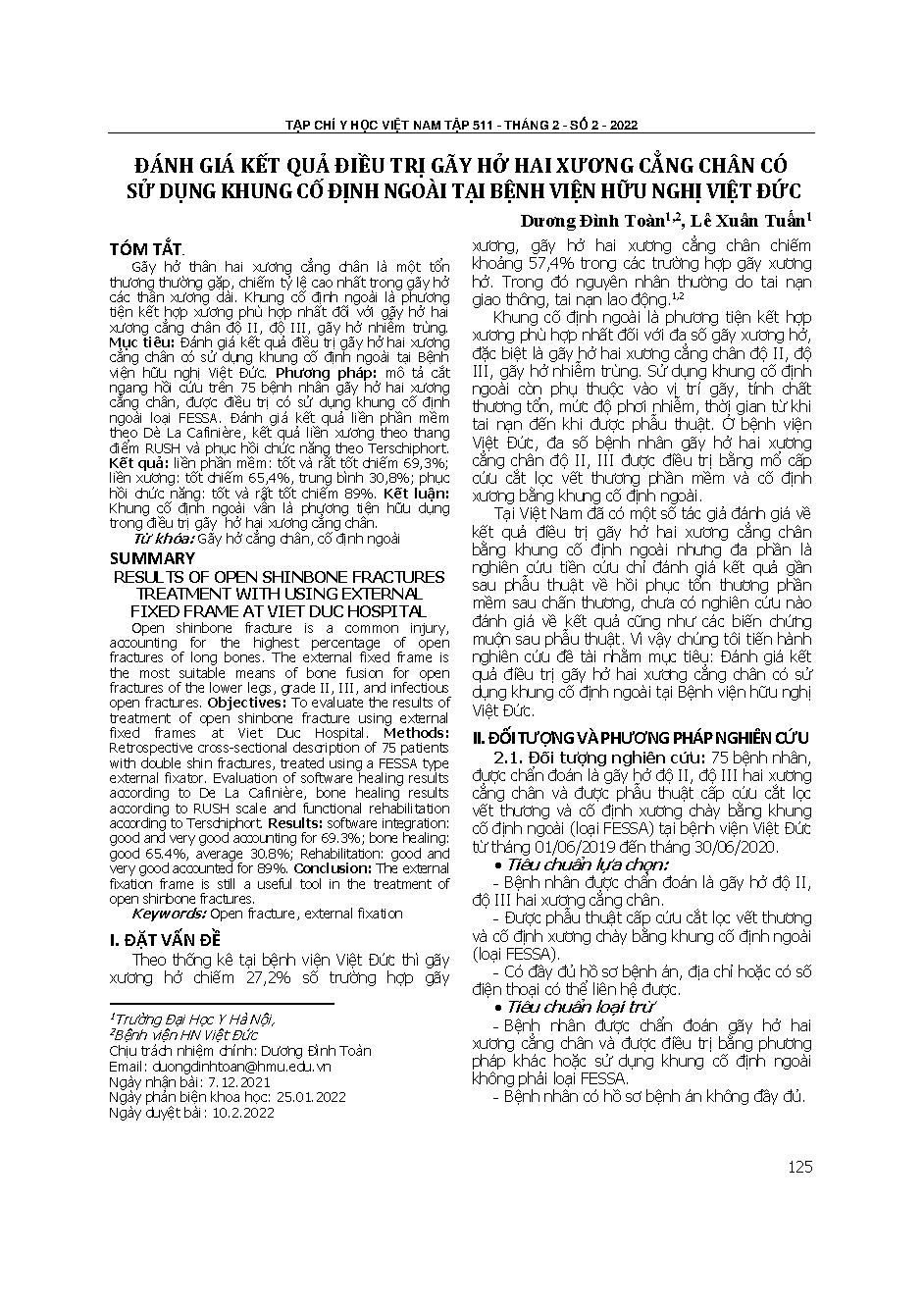 Đánh giá kết quả điều trị gãy hở hai xương cẳng chân có sử dụng khung cố định ngoài tại Bệnh viện Hữu nghị Việt Đức = Results of open shinbone fractures treatment with using external fixed frame at Viet Duc hospital