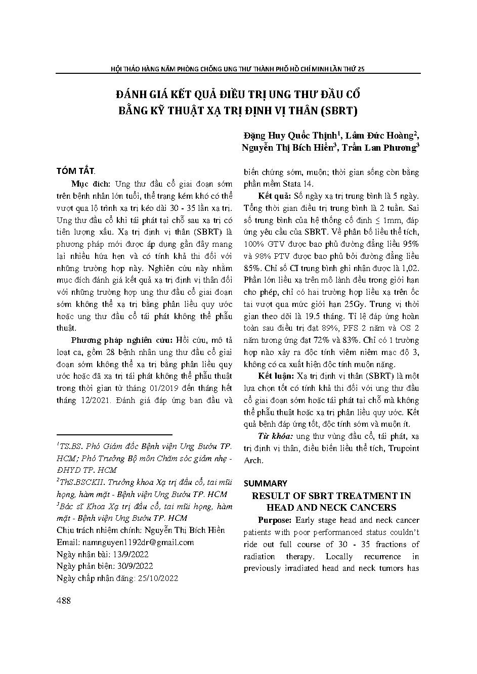 Đánh giá kết quả điều trị ung thư đầu cổ bằng kỹ thuật xạ trị định vị thân (SBRT) = Result of SBRT treatment in head and neck cancers